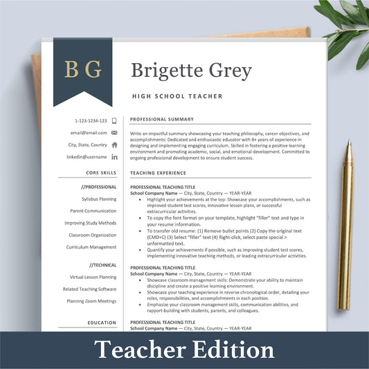 The Art of Resume Professional Navy Blue Teacher Resume Template Bundle