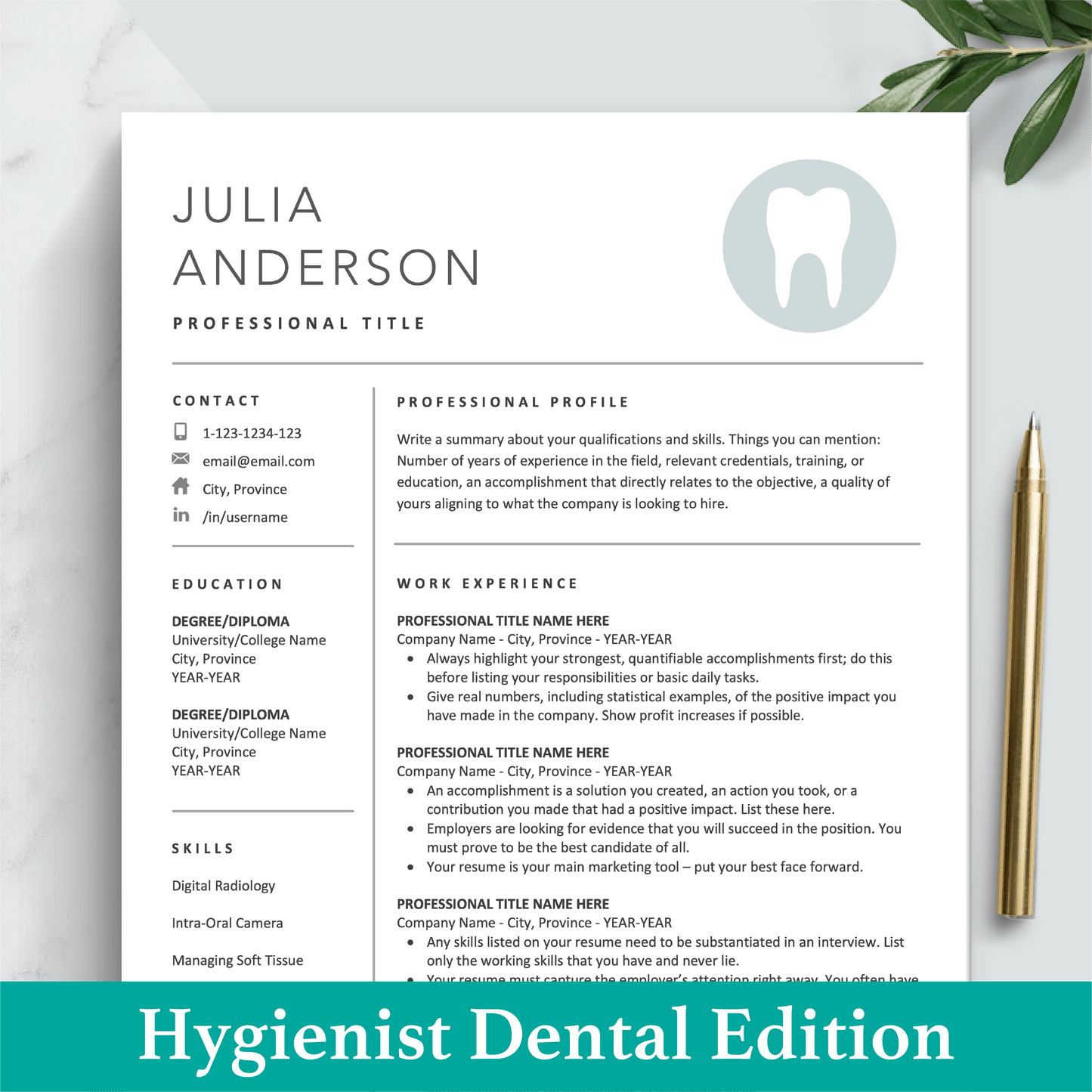 The Art of Resume Templates | Dentist, Hygienist, Dental Student, Assistant Resume CV Design Template Maker, Download for Apple Pages and Microsoft Word, Mac and PC Resume CV Template | Curriculum Vitae for Apple Pages, Microsoft Word, Mac, PC