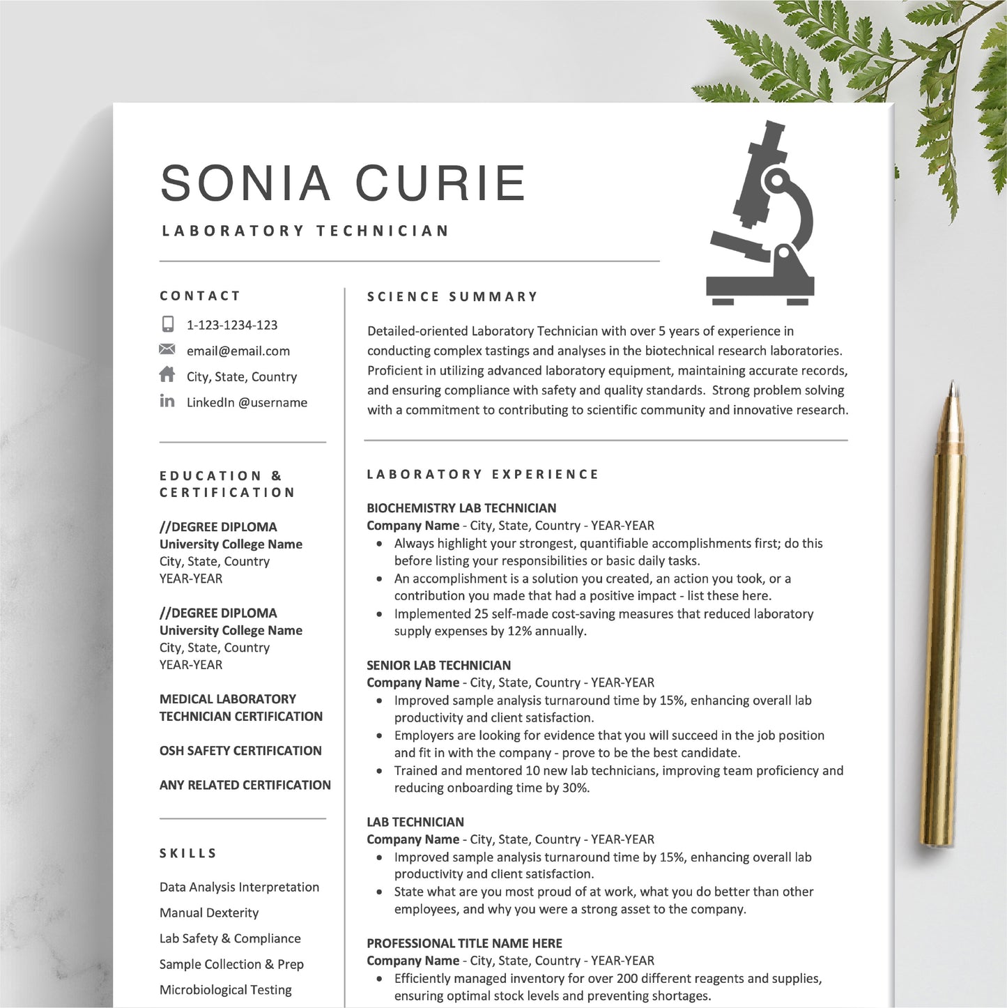 The Art of Resume Templates | Science Resume Template, Scientist Resume, Lab Technician Resume with Microscope Design