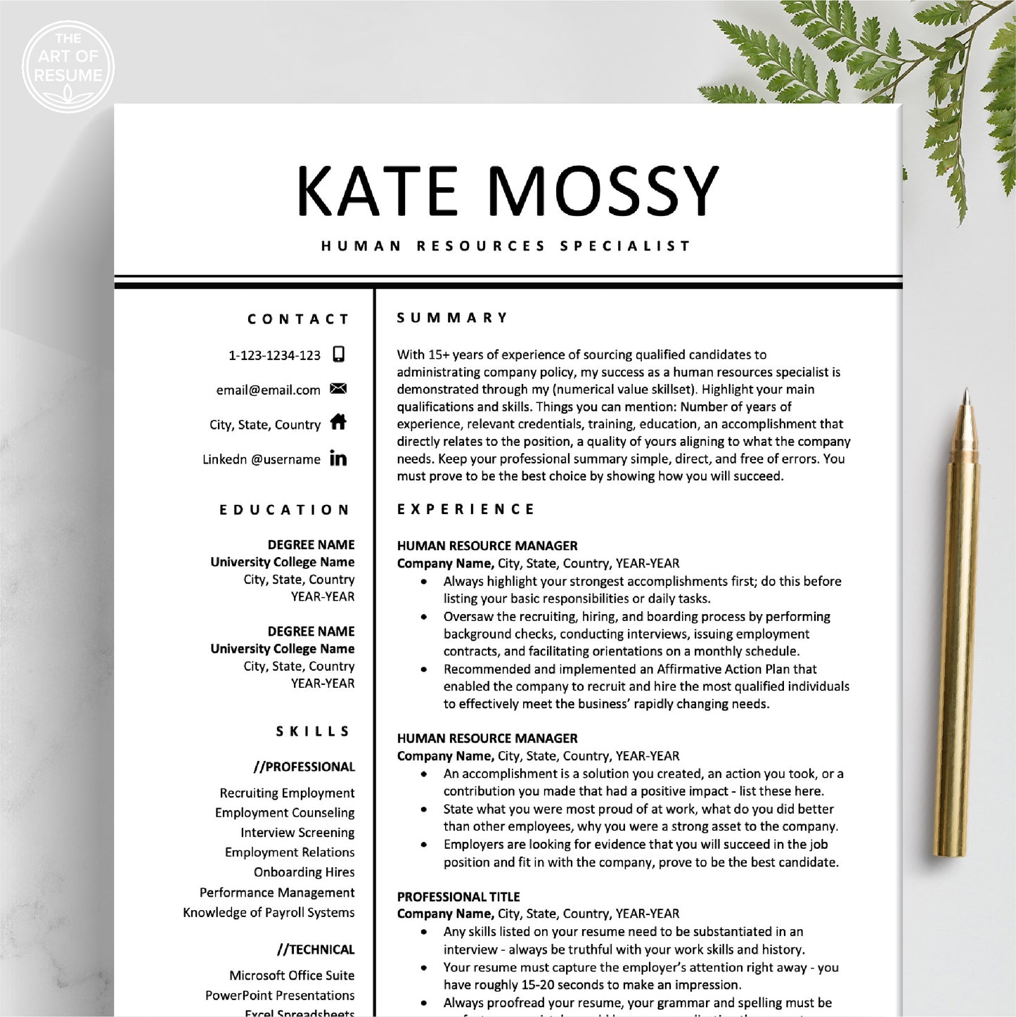 Human Resource Resume Template, Professional HR Resume, Administrator Resume CV - The Art of Resume