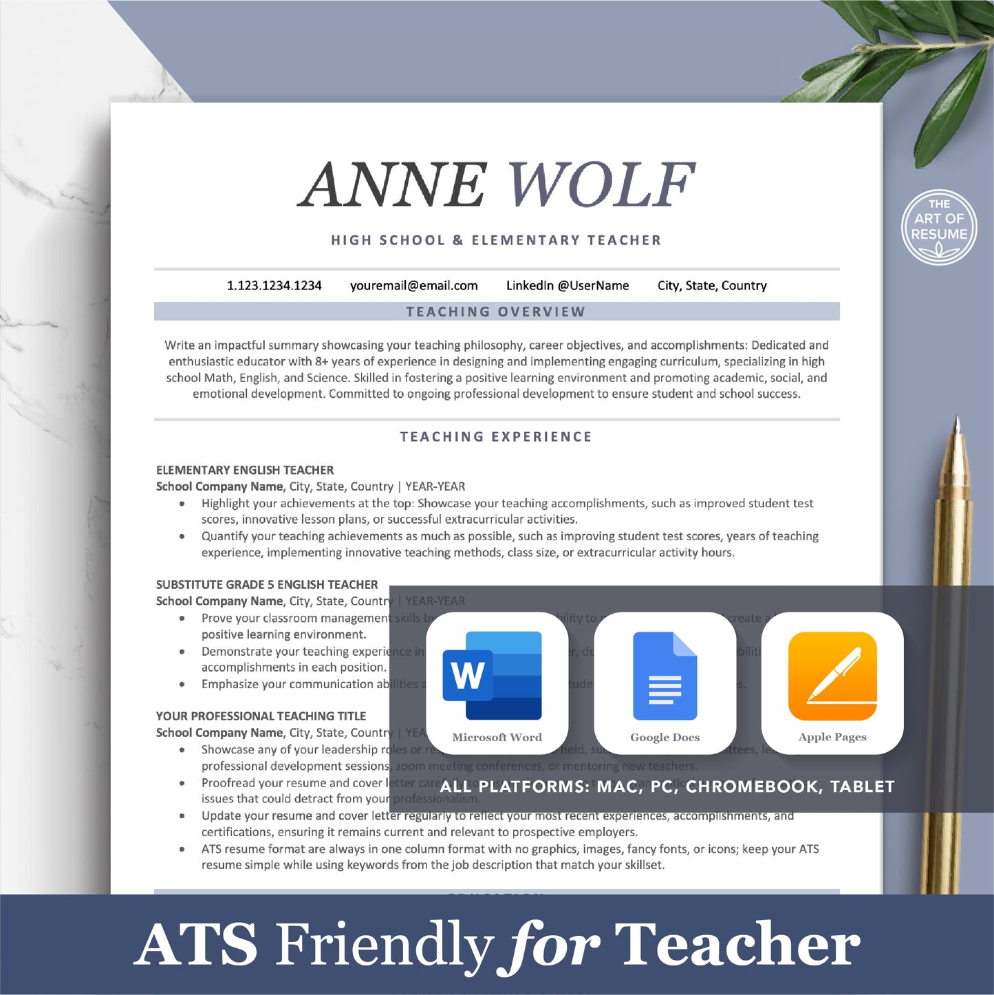 The Art of Resume Templates | Professional ATS friendly teacher Resume CV Design Template Bundle