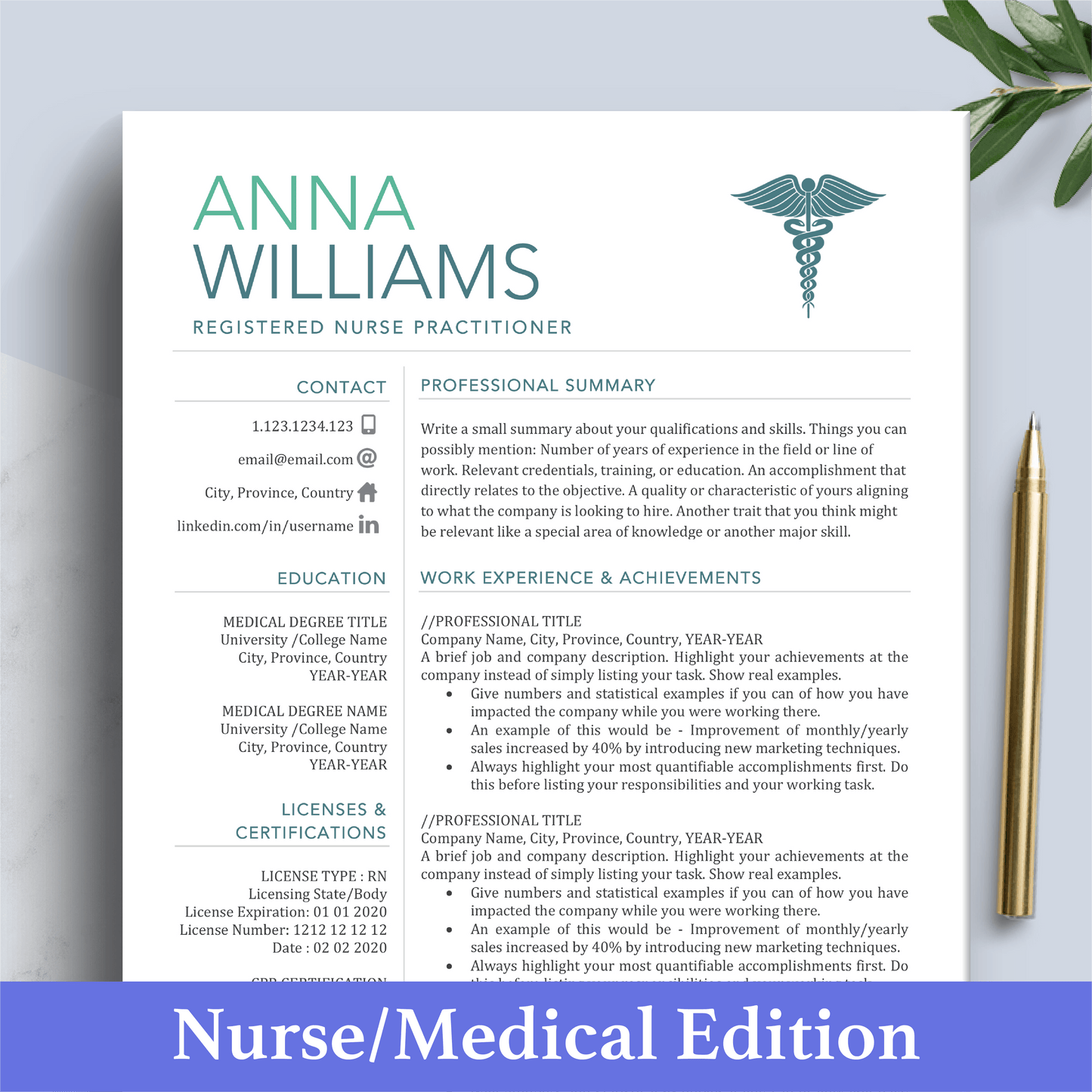 RN Nurse Resume Template | Medical CV | Nursing Student Curriculum Vitae - The Art of Resume