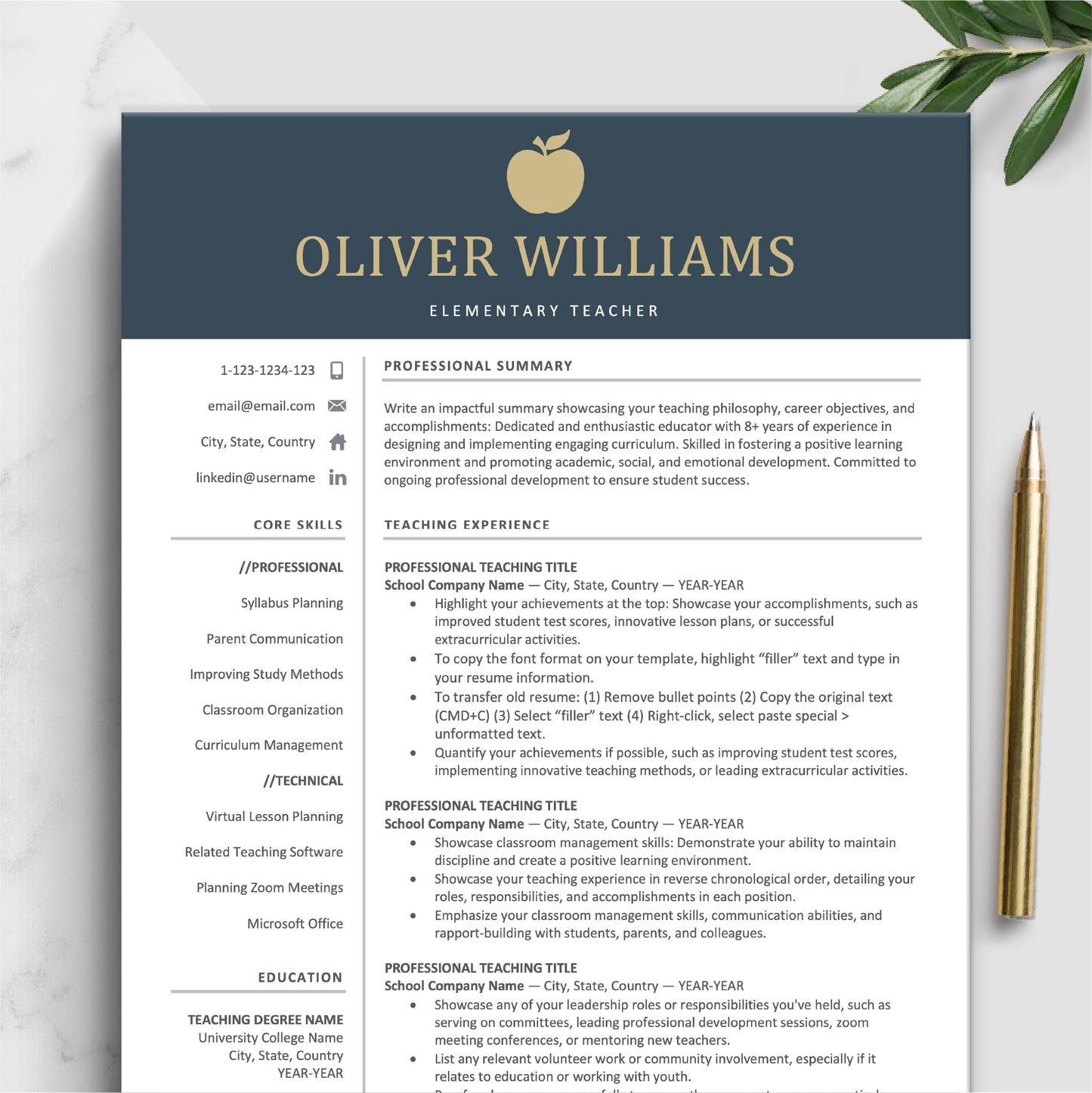 The Art of Resume | Navy Blue Teacher Teaching Resume CV Template