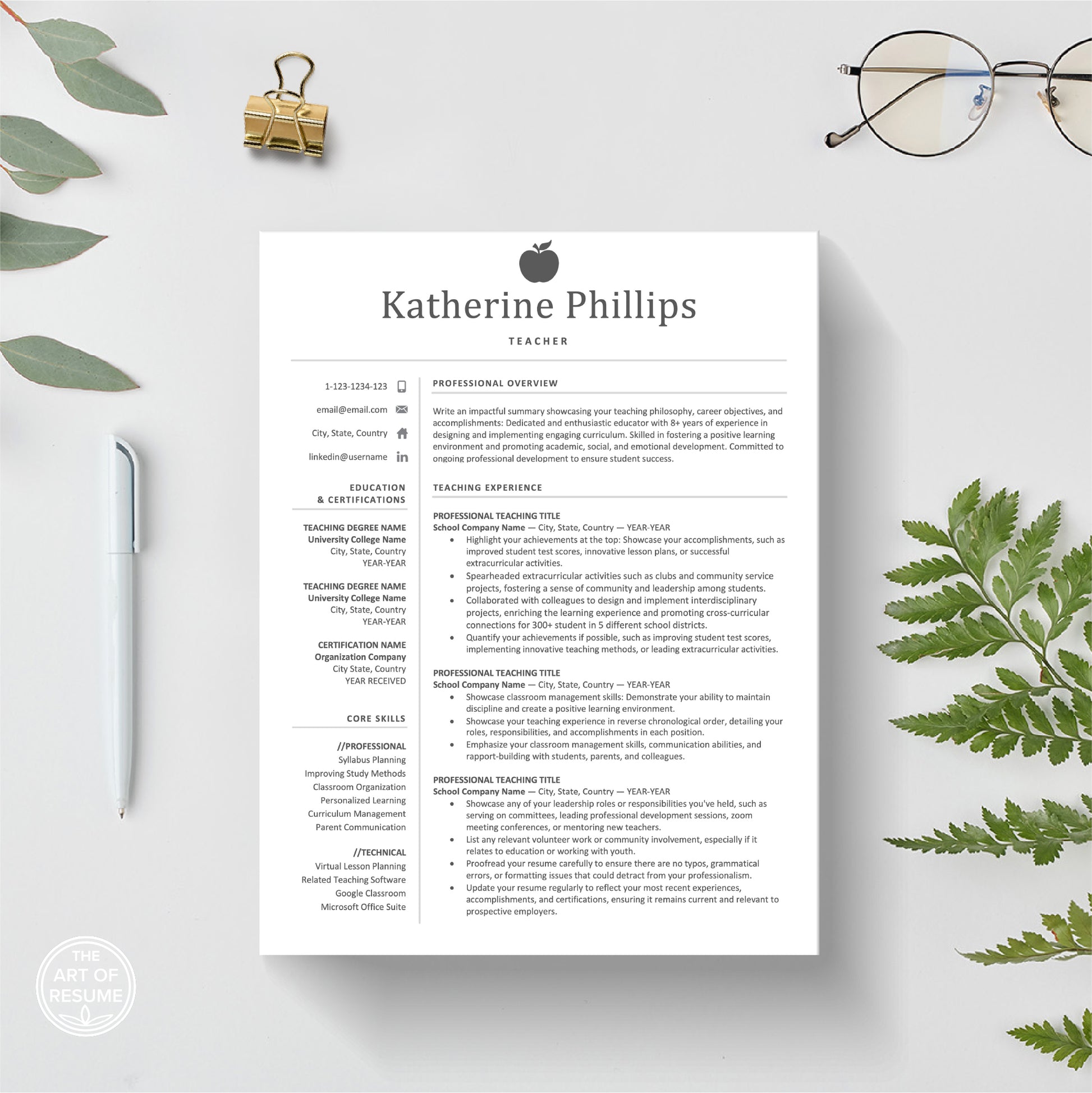Teacher Resume Template | Teaching CV Template | Educator Resume - The Art of Resume