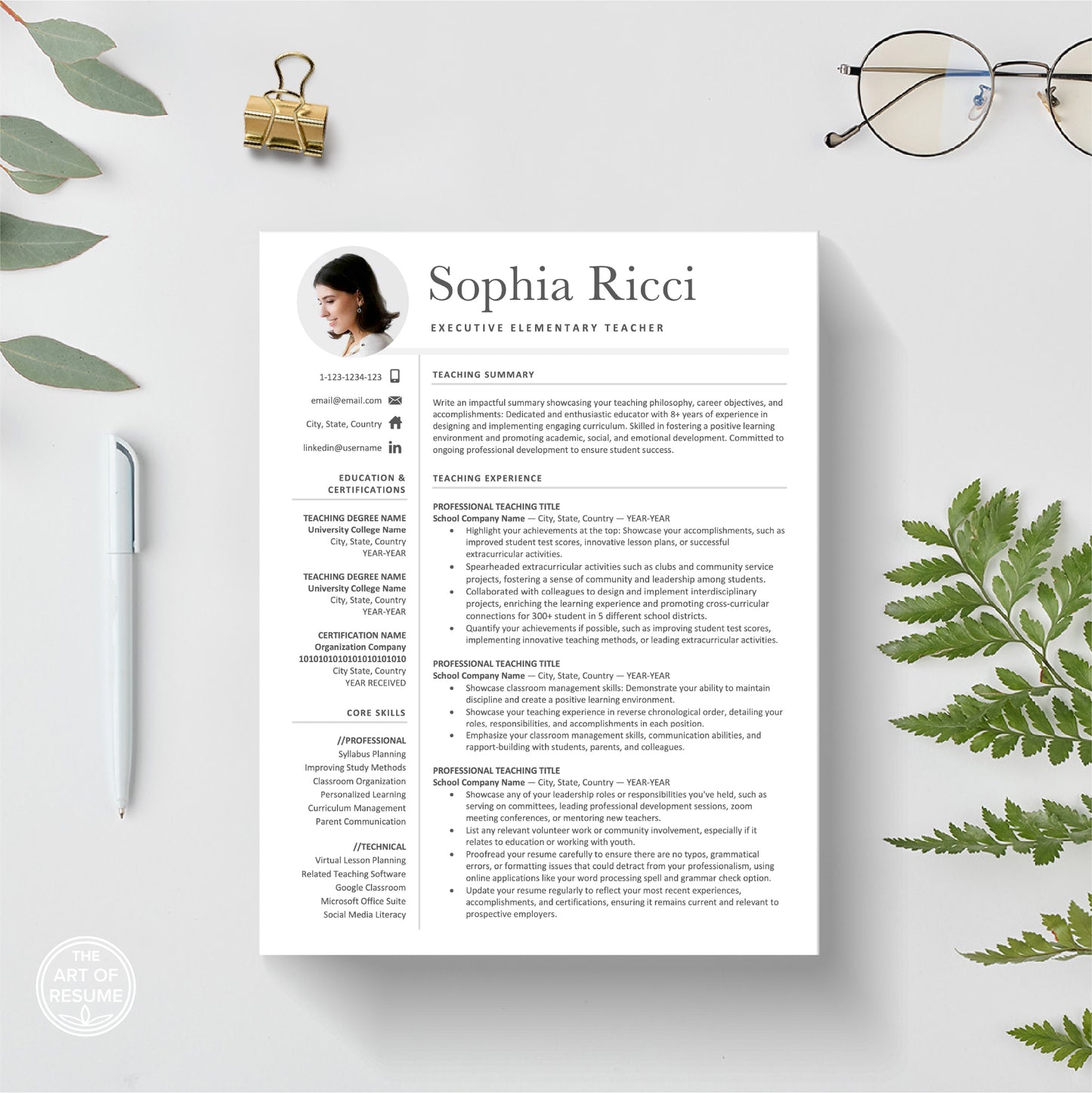 The Art of Resume | Teacher Teaching Resume Template with Photo Picture Bundle