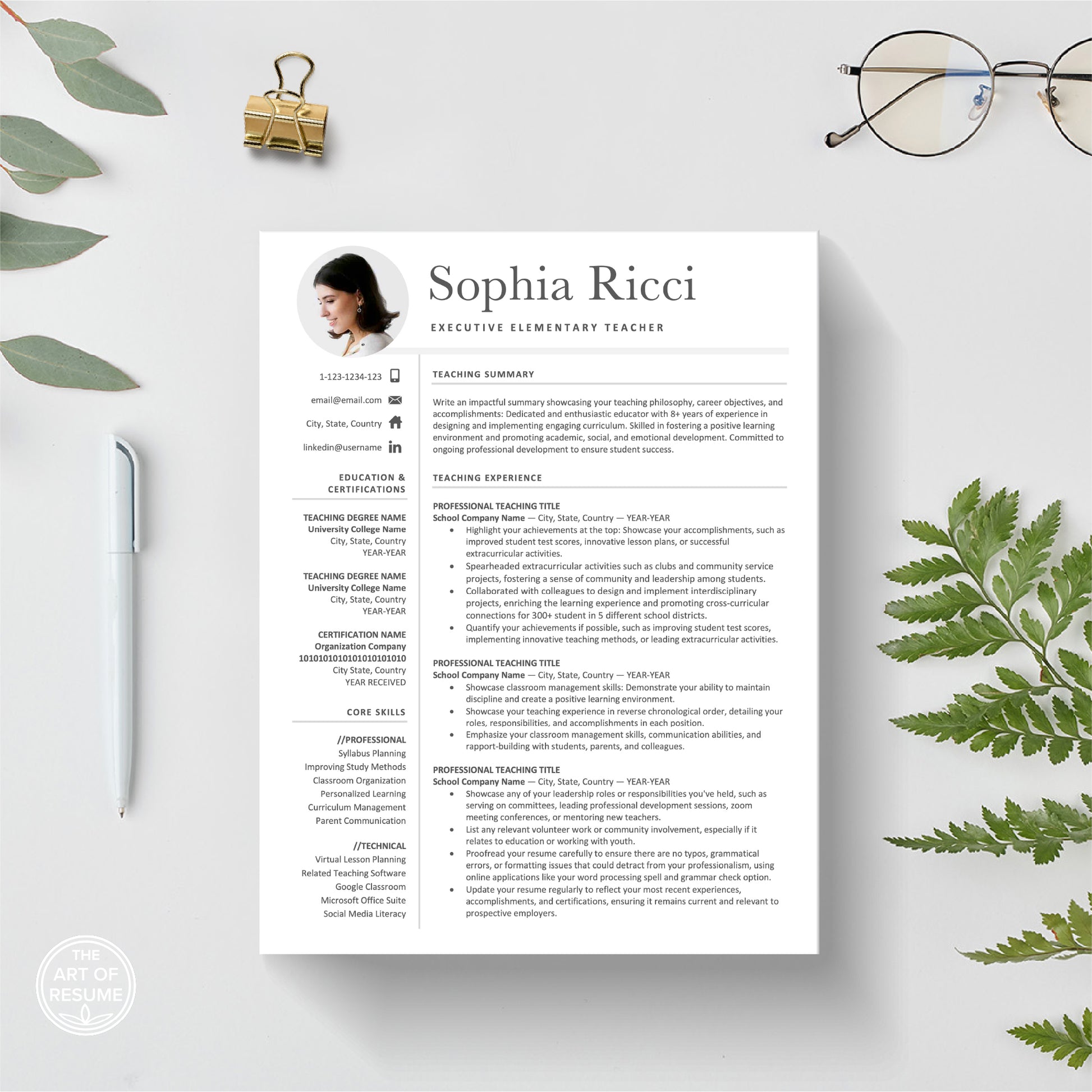 The Art of Resume | Teacher Teaching Resume Template with Photo Picture Bundle