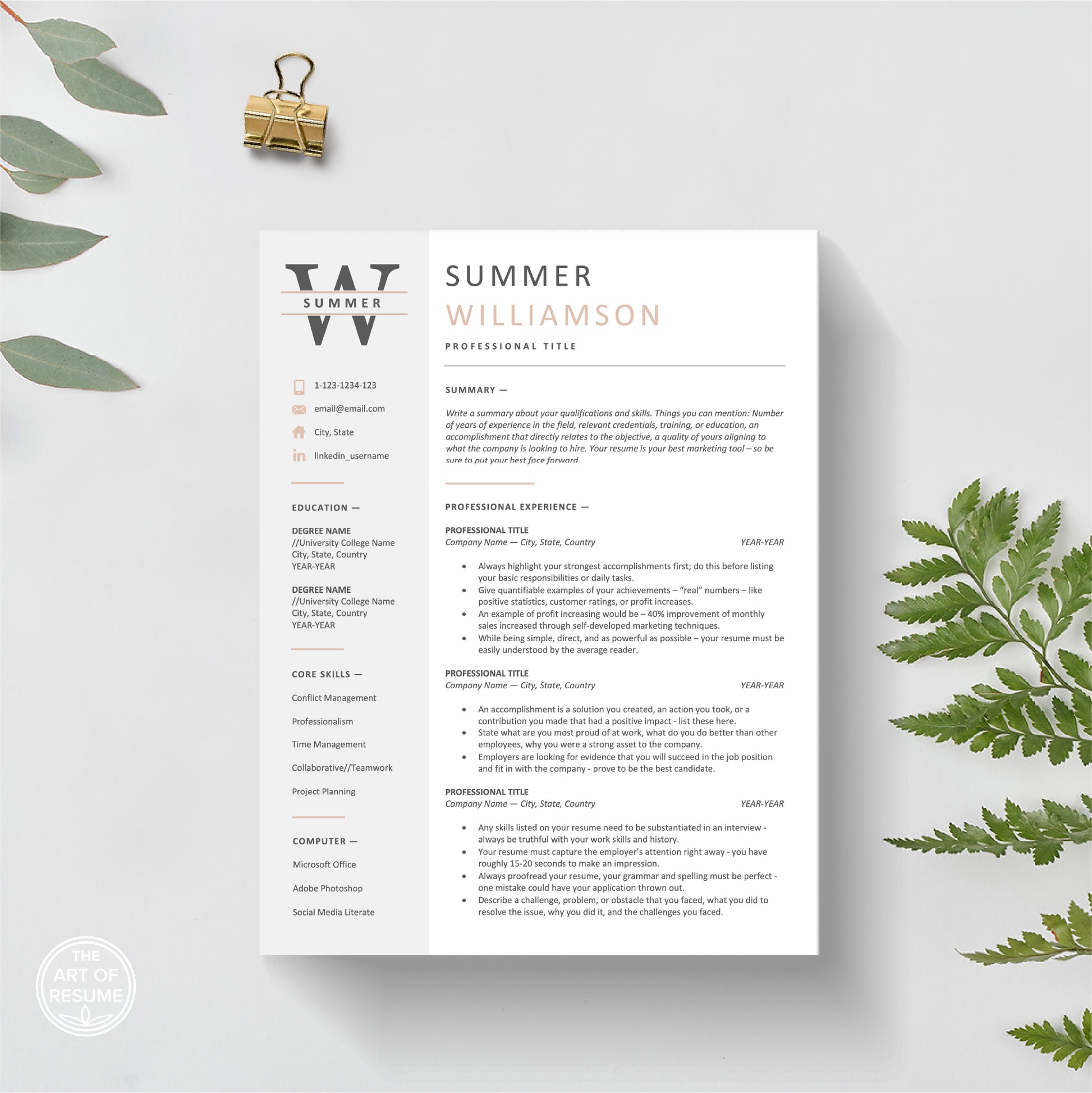 The Art of Resume Templates | Executive Resume Templates | Grey Pink CV Design Template Bundle