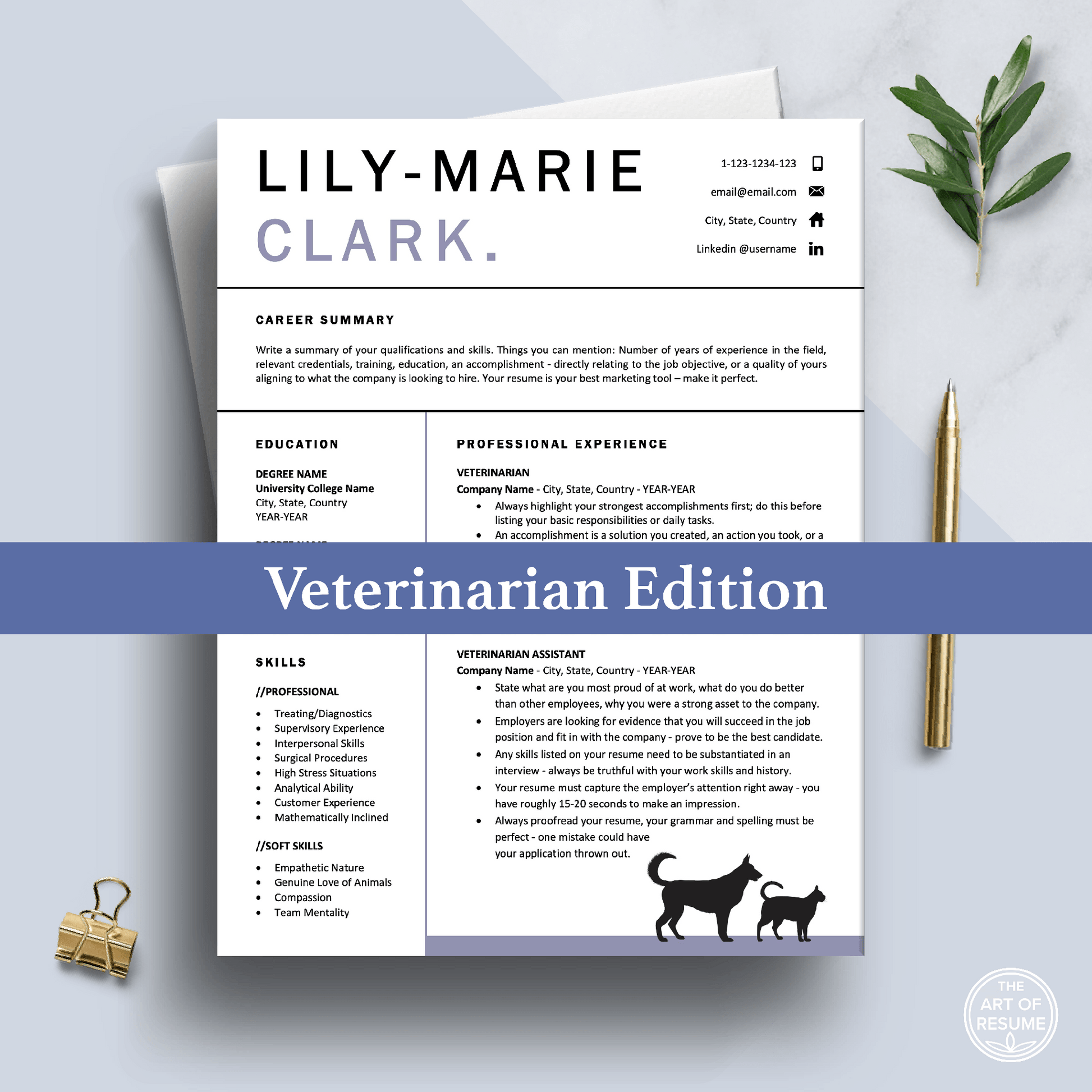 Veterinarian Resume Template | Vet Student | Animal Caretaker Resume - The Art of Resume