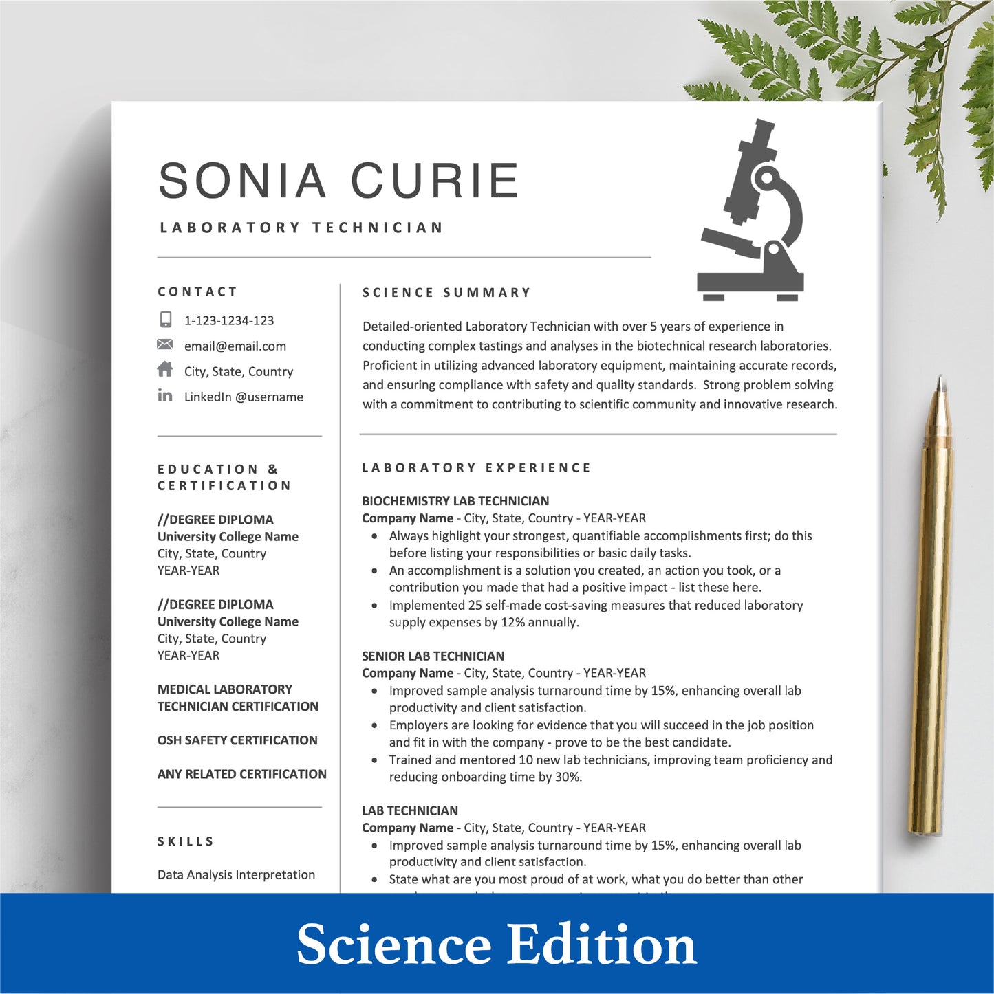 The Art of Resume Templates | Science Resume Template, Scientist Resume, Lab Technician Resume with Microscope Design