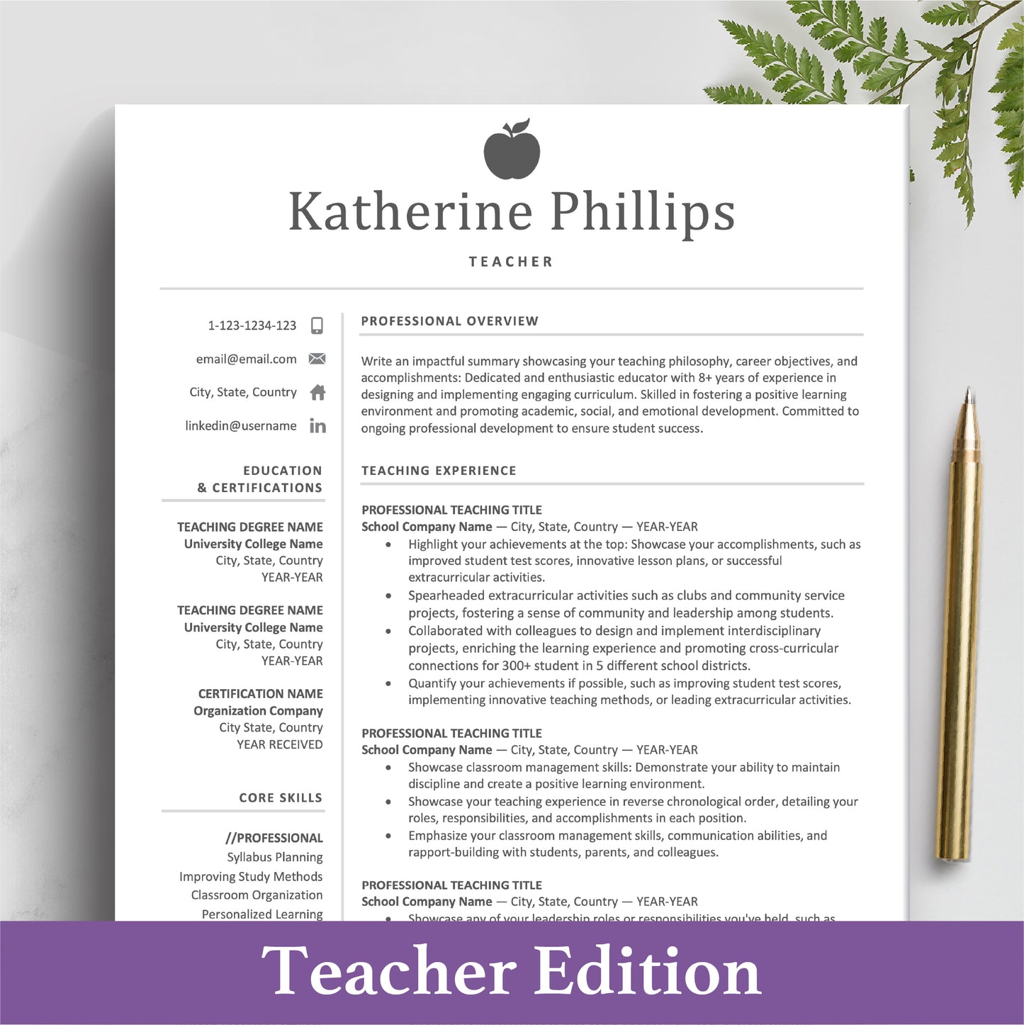 Teacher Resume Template | Teaching CV Template | Educator Resume - The Art of Resume
