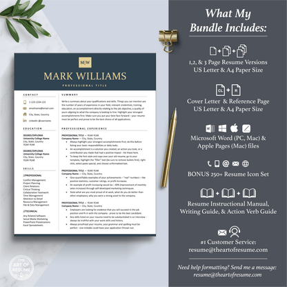 Professional Resume Bundle includes 3 Resume Designs, Cover Letter, Reference Page, Mac, PC, A4 Paper, US Letter size, The Art of Resume Writing Guide, Resume Instructional Manual, Action Verb Guides, Best Customer Service, Free 250 Resume Icons