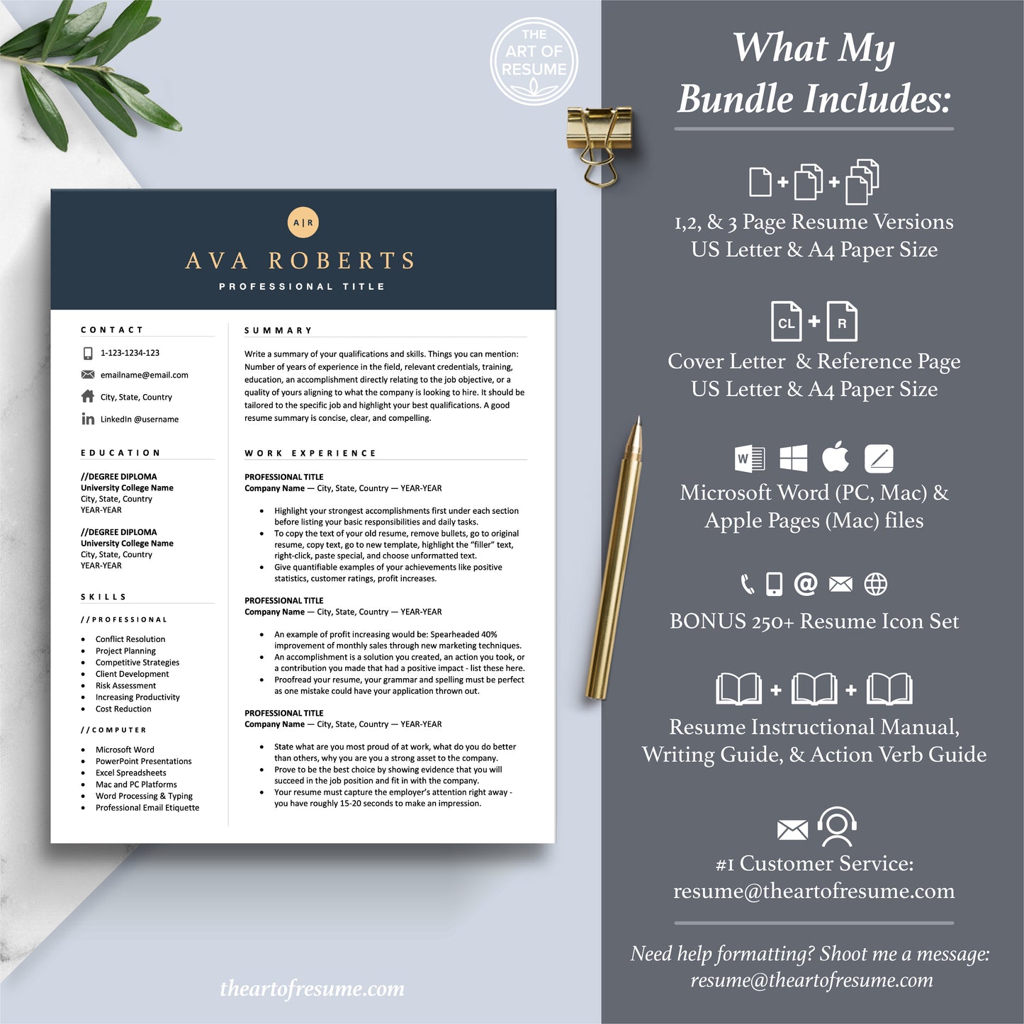 The Art of Resume Templates | Professional Navy Blue Resume CV Template Includes 3 Editable Resume Templates, Cover Letter, Reference Page, Mac, PC, A4 Paper, US size, Free Guide, The Art of Resume Writing, 250 Bonus Resume Icons