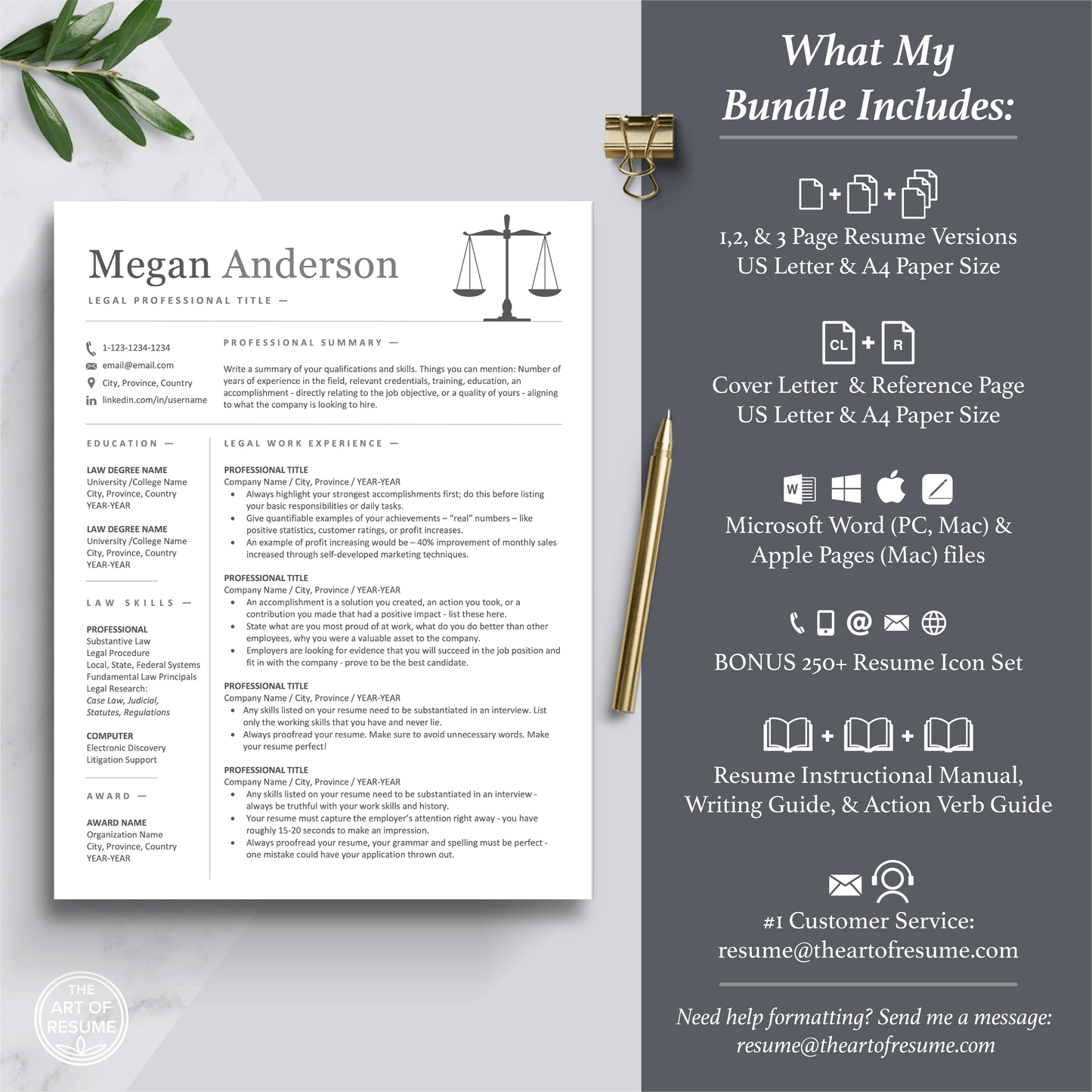 The Art of Resume Templates | Professional Legal Law Lawyer Resume CV Template Includes 3 Editable Resume Templates, Cover Letter, Reference Page, Mac, PC, A4 Paper, US size, Free Guide, The Art of Resume Writing, 250 Bonus Resume Icons