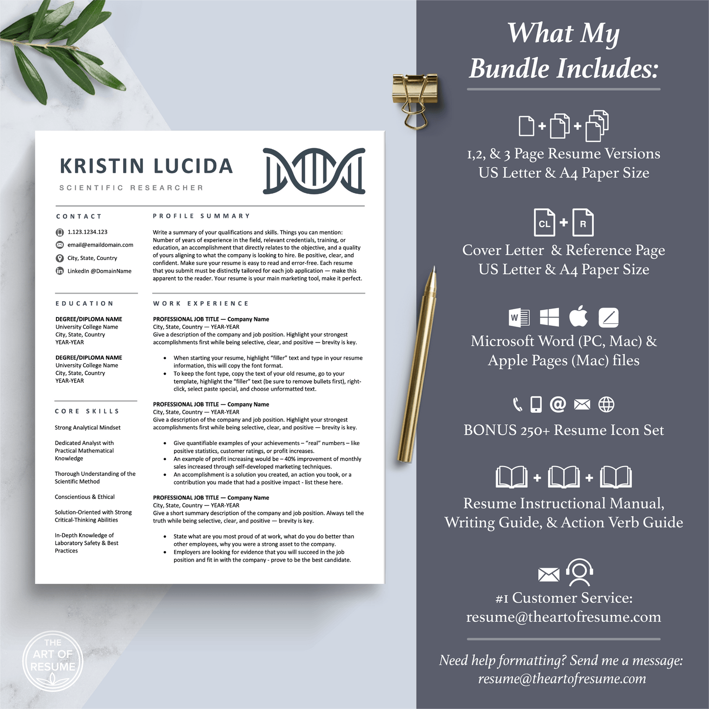 The Art of Resume Templates | Scientist, Biochemist, Lab Researcher, Student, Teacher DNA Helix Resume CV Template Maker 3, Cover Letter, Reference Page, Mac, PC, A4 Paper, US size, Free Guide, The Art of Resume Writing, 250 Bonus Resume Icons
