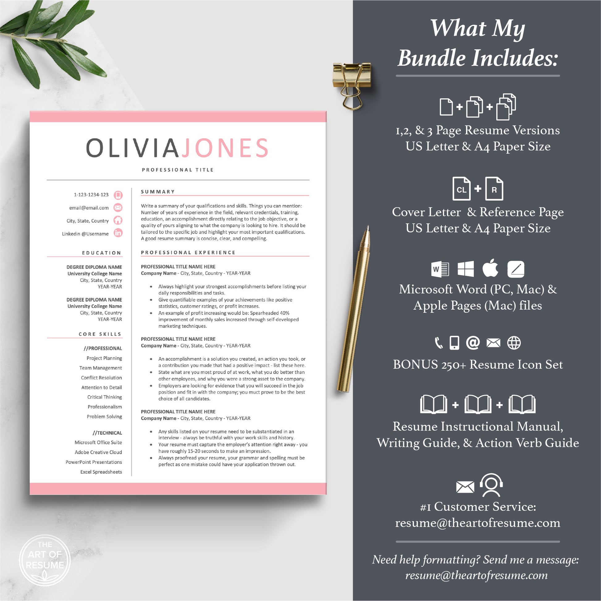 The Art of Resume Templates | Pink Modern Resume CV Template Maker 3, Cover Letter, Reference Page, Mac, PC, A4 Paper, US size, Microsoft Word. Apple Pages, Google Docs, Chromebook