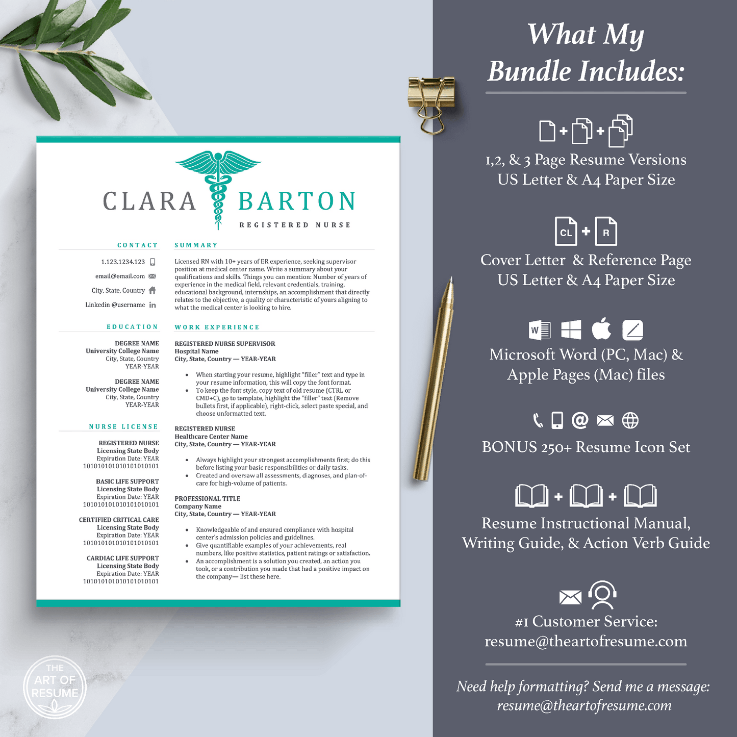 The Art of Resume Templates | Professional Nurse Doctor Medical Resume CV Template Maker 3, Cover Letter, Reference Page, Mac, PC, A4 Paper, US size, Free Guide, The Art of Resume Writing, 250 Bonus Resume Icons