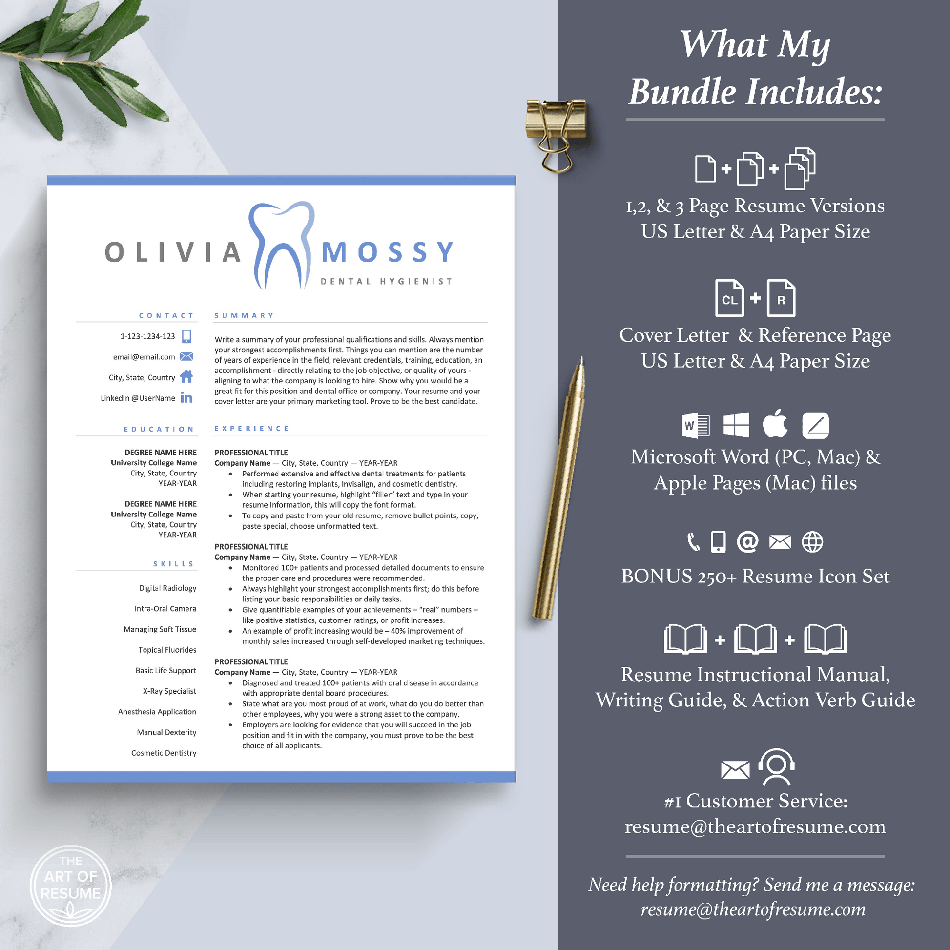 The Art of Resume Templates | Dentist, Hygienist, Dental Student, Assistant Resume CV Template Maker 3, Cover Letter, Reference Page, Mac, PC, A4 Paper, US size, Free Guide, The Art of Resume Writing, 250 Bonus Resume Icons