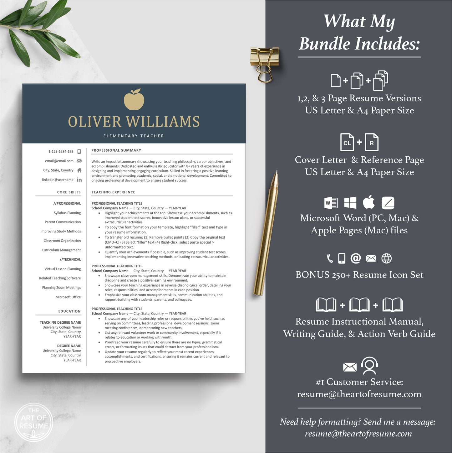 The Art of Resume | Navy Blue Teacher Teaching Resume CV Template | What is Included