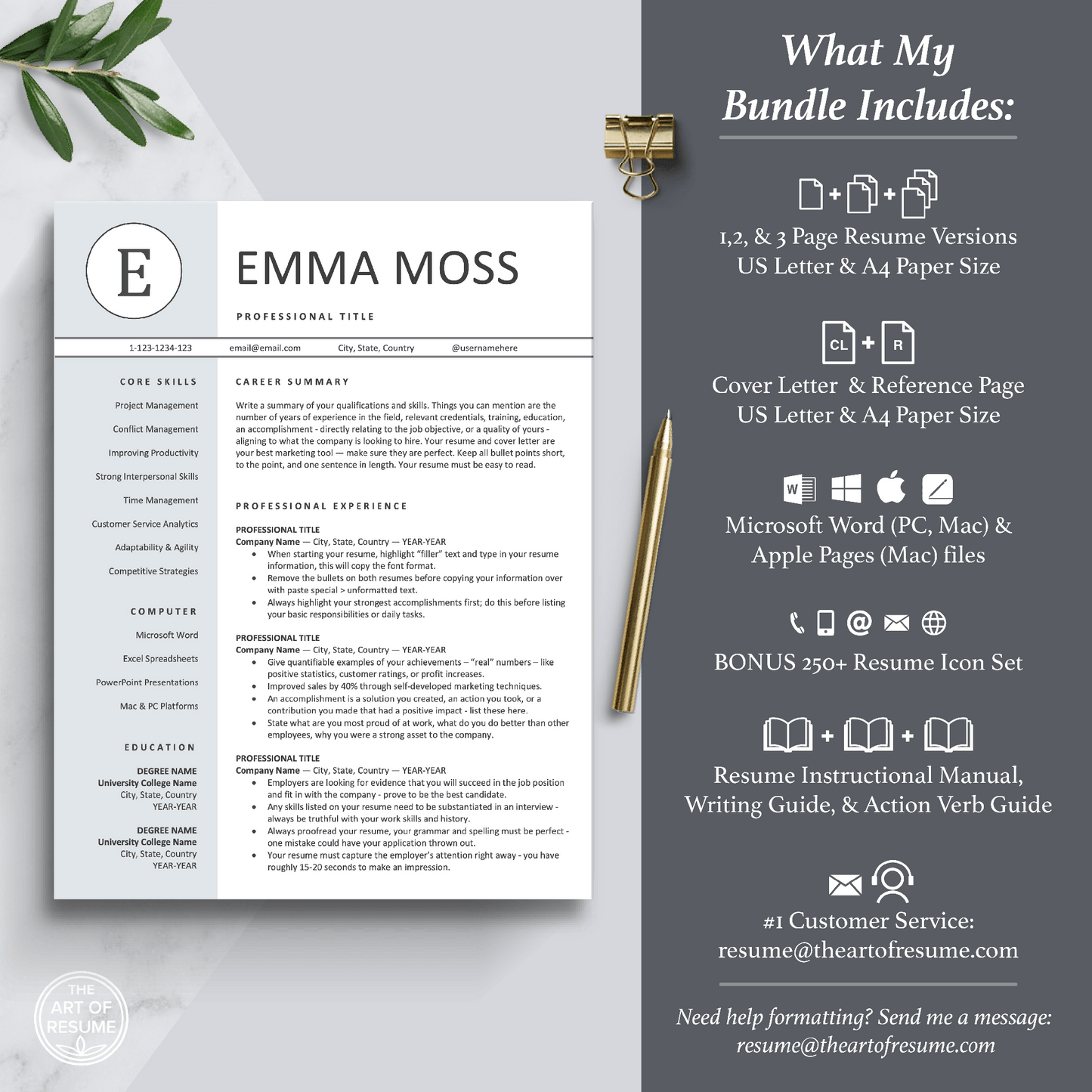 The Art of Resume Templates | Professional Blue Resume CV Template Includes 3 Editable Resume Templates, Cover Letter, Reference Page, Mac, PC, A4 Paper, US size, Free Guide, The Art of Resume Writing, 250 Bonus Resume Icons