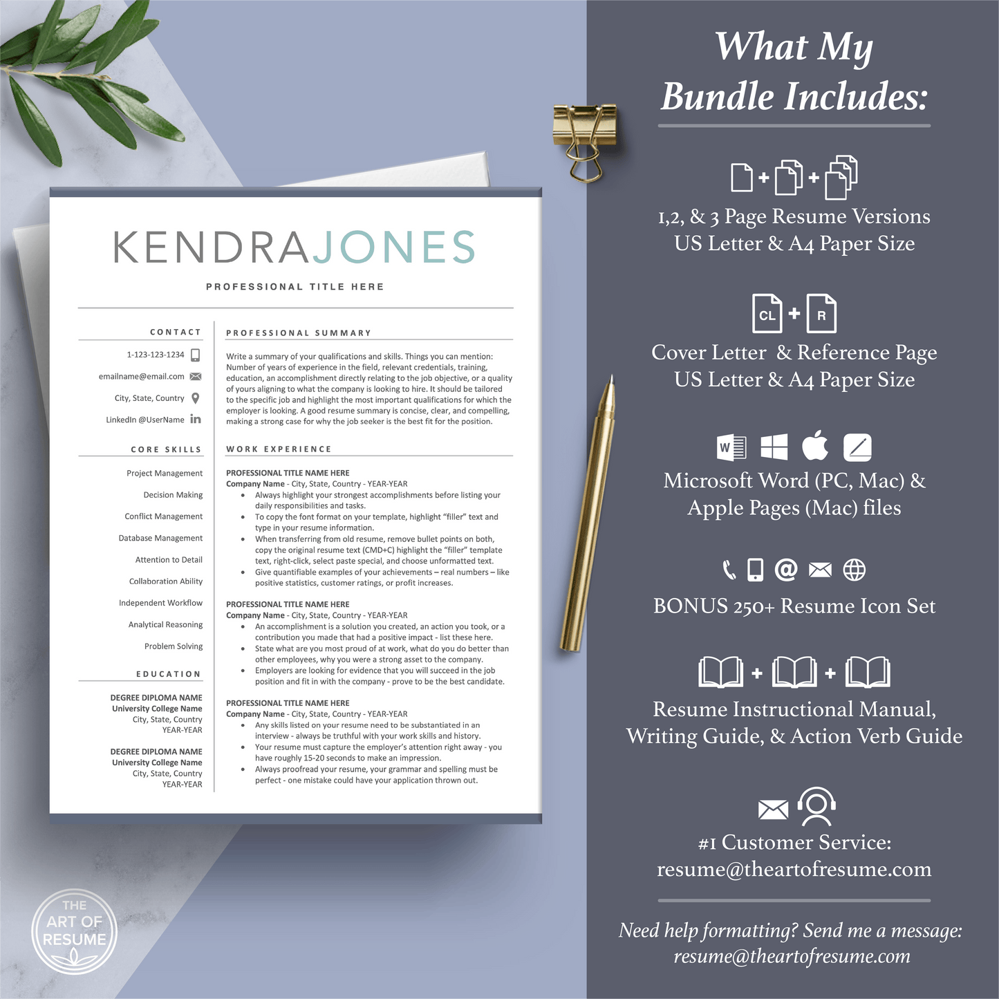 The Art of Resume Templates | Professional Resume CV Template Maker 3, Cover Letter, Reference Page, Mac, PC, A4 Paper, US size, Free Guide, The Art of Resume Writing, 250 Bonus Resume Icons