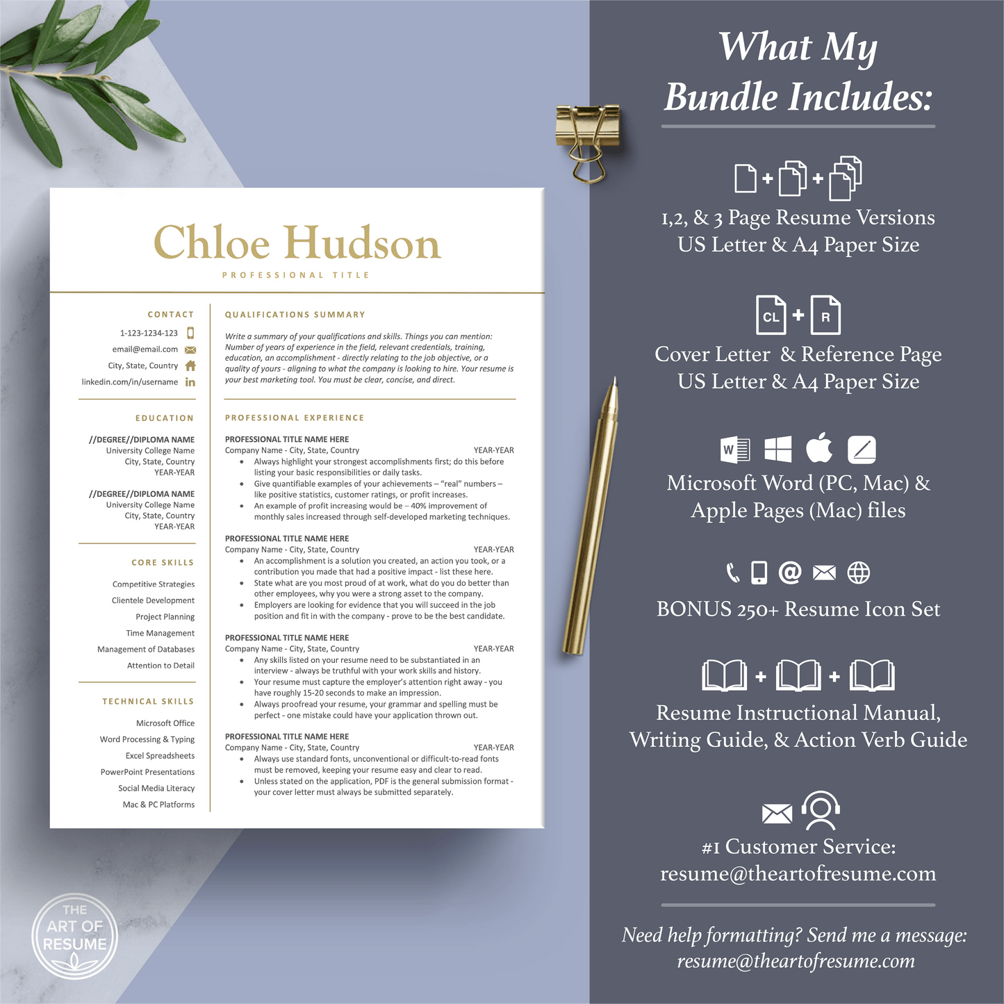 The Art of Resume Templates | Professional Simple Resume CV Template Maker 3, Cover Letter, Reference Page, Mac, PC, A4 Paper, US size, Free Guide, The Art of Resume Writing, 250 Bonus Resume Icons