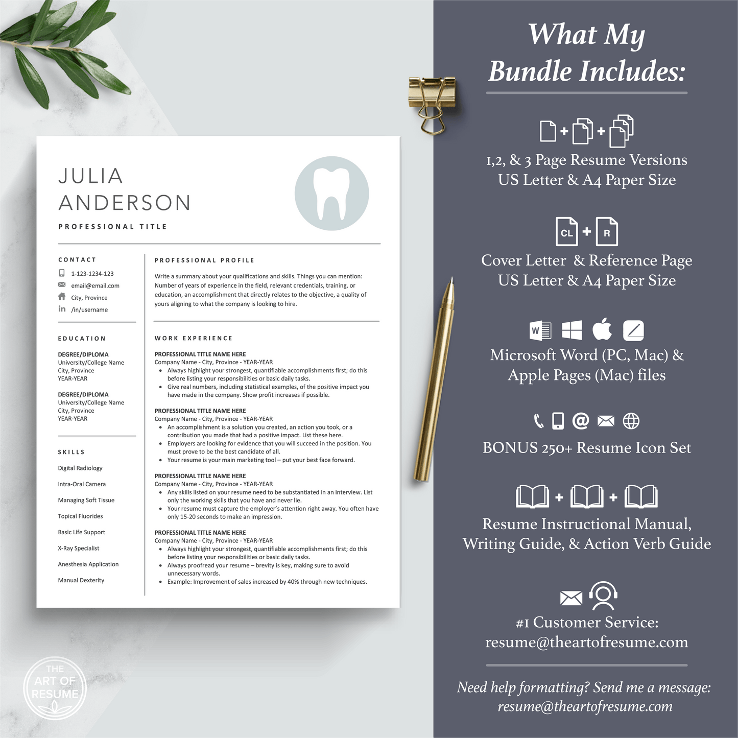 The Art of Resume Templates | Dentist, Hygienist, Dental Student, Assistant Resume CV Template Maker 3, Cover Letter, Reference Page, Mac, PC, A4 Paper, US size, Free Guide, The Art of Resume Writing, 250 Bonus Resume Icons