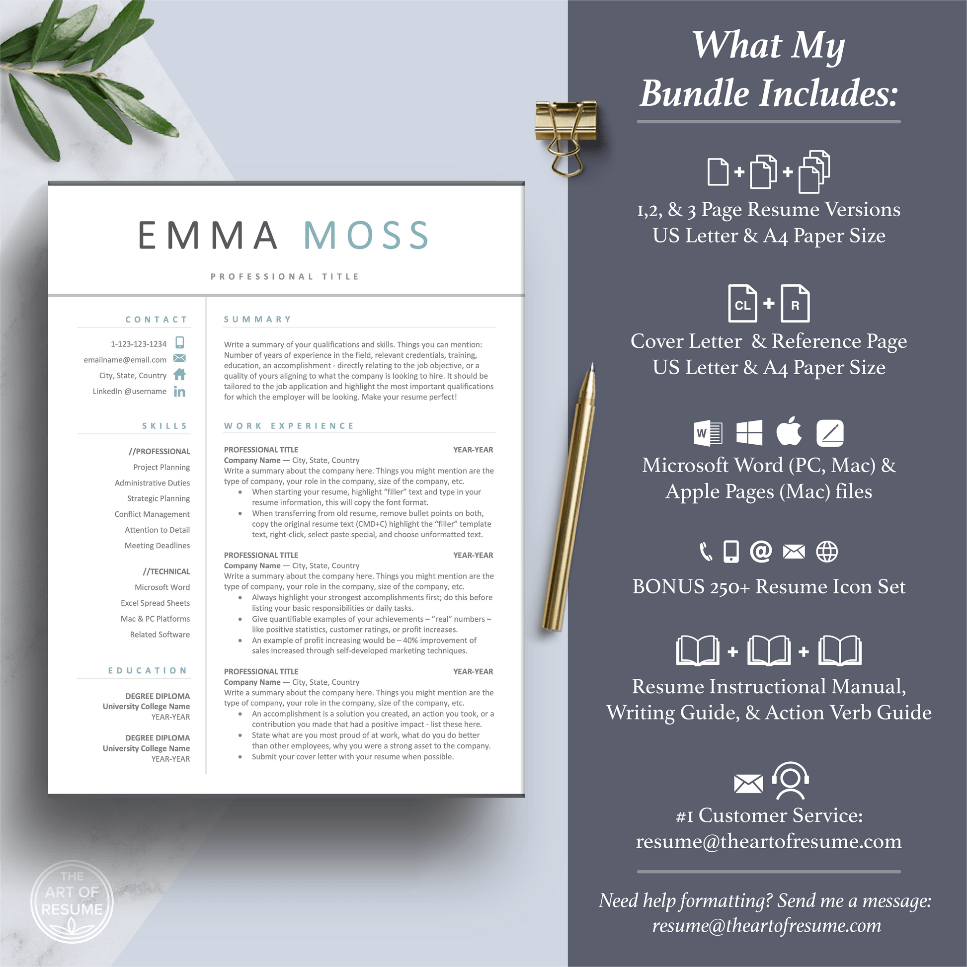 Professional Resume Designs | Matching Cover Letter | Free Resume Writing Guide - The Art of Resume