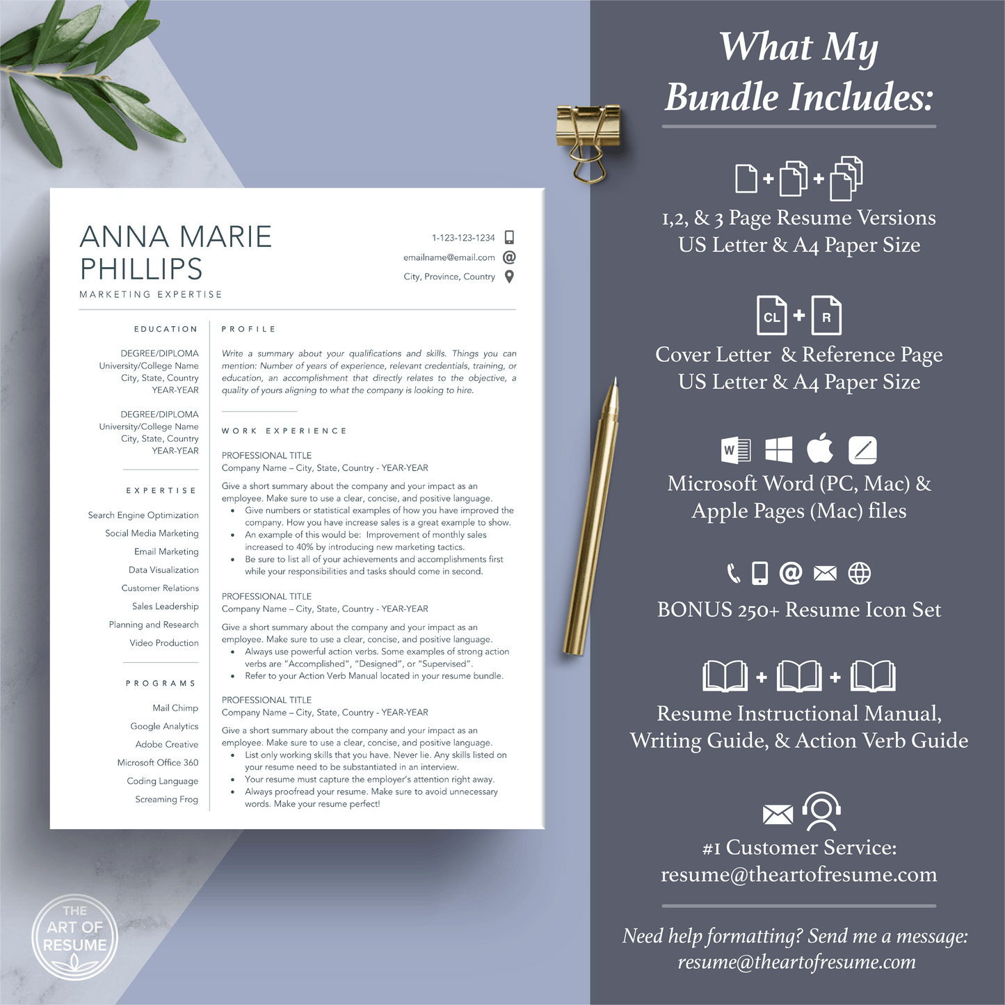 The Art of Resume Templates | Professional Simple Clean Minimalist Resume CV Template Maker 3, Cover Letter, Reference Page, Mac, PC, A4 Paper, US size, Free Guide, The Art of Resume Writing, 250 Bonus Resume Icons