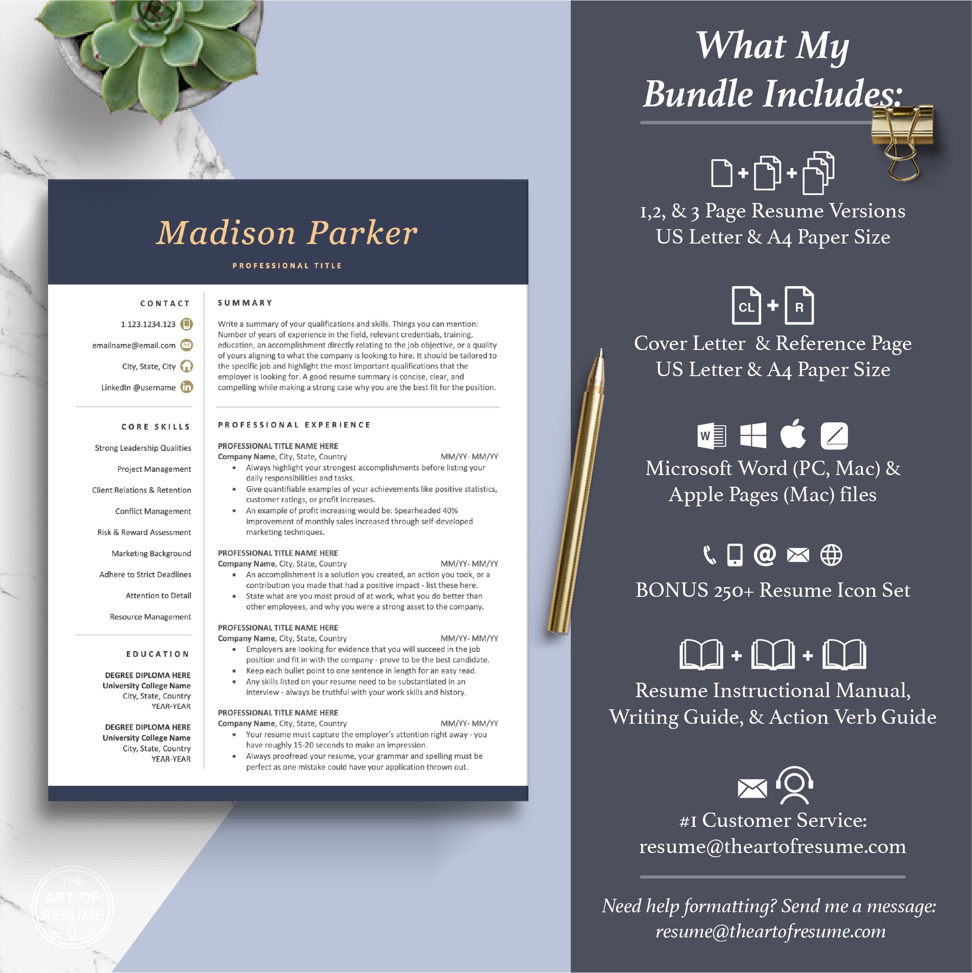 The Art of Resume Templates - Professional Dark Blue Resume CV Template Maker 3, Cover Letter, Reference Page, Mac, PC, A4 Paper, US size, Microsoft Word. Apple Pages, Google Docs, Chromebook