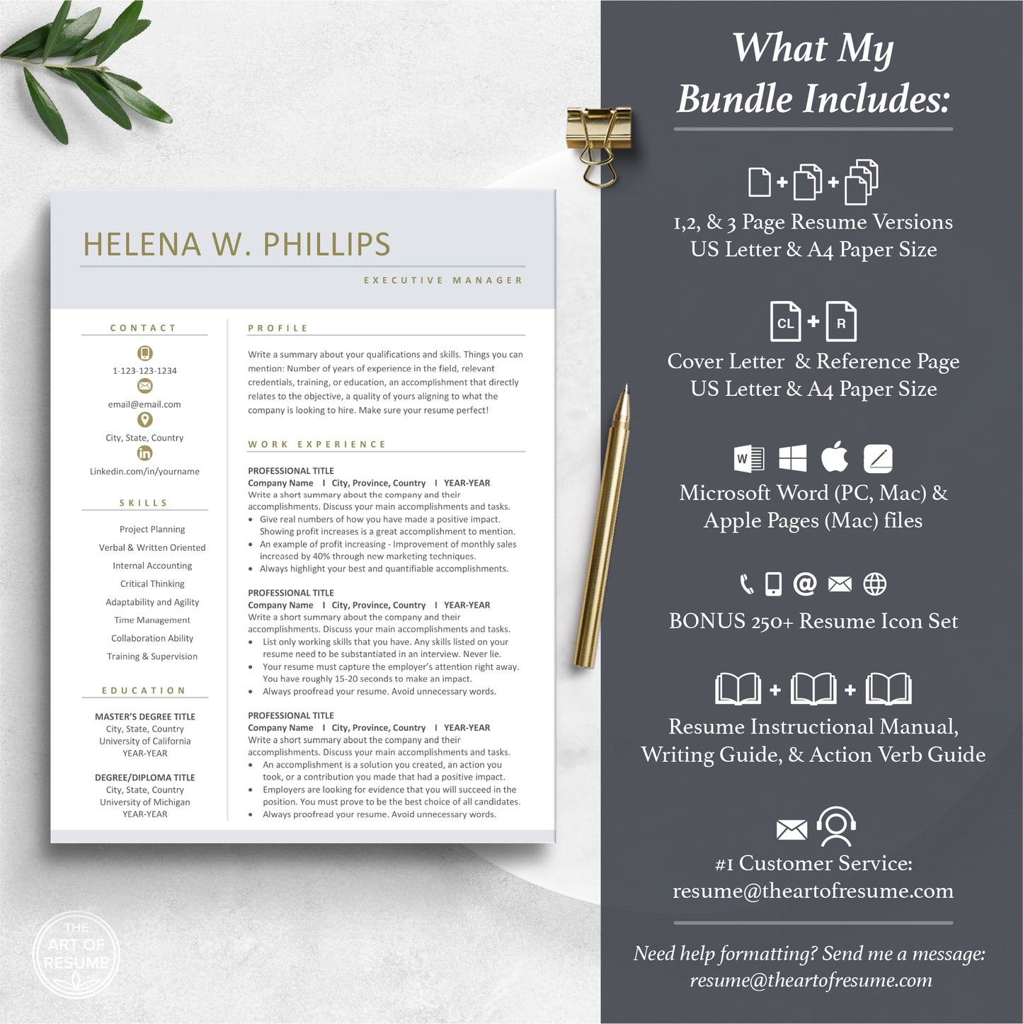 The Art of Resume Templates | Professional Resume CV Template Maker 3, Cover Letter, Reference Page, Mac, PC, A4 Paper, US size, Free Guide, The Art of Resume Writing, 250 Bonus Resume Icons