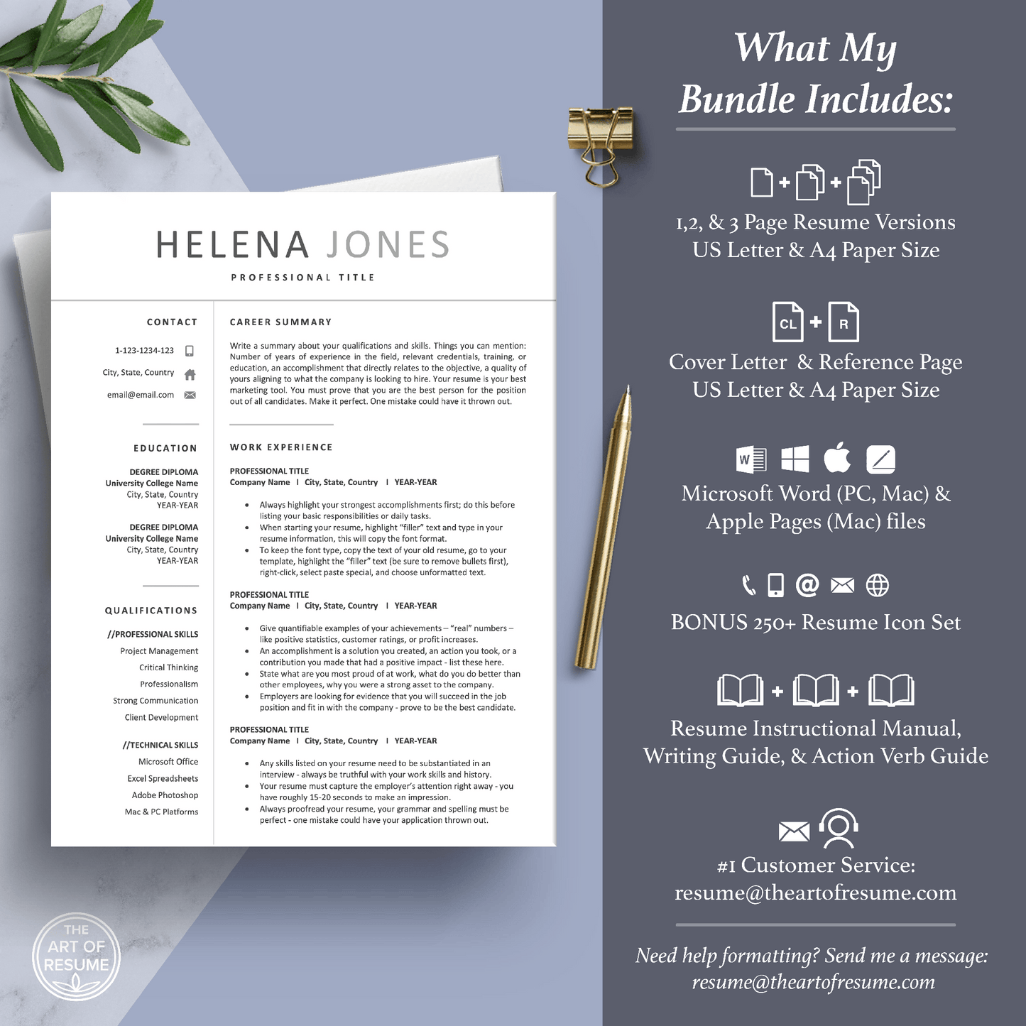 The Art of Resume Templates | Professional Resume CV Template Maker 3, Cover Letter, Reference Page, Mac, PC, A4 Paper, US size, Free Guide, The Art of Resume Writing, 250 Bonus Resume Icons