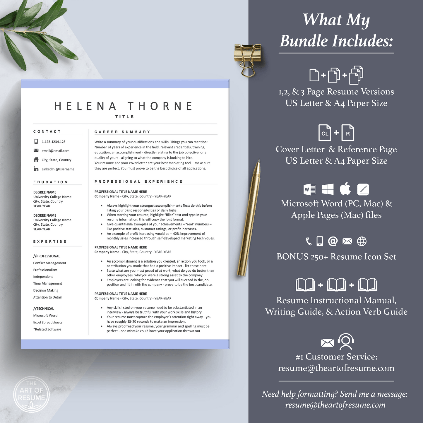 The Art of Resume Templates | Professional Simple Resume CV Template Maker 3, Cover Letter, Reference Page, Mac, PC, A4 Paper, US size, Free Guide, The Art of Resume Writing, 250 Bonus Resume Icons