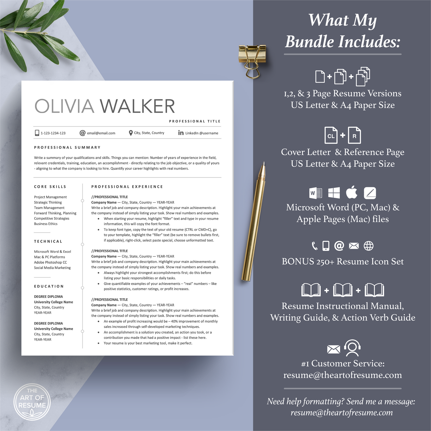 The Art of Resume Templates | Professional Resume CV Template Maker 3, Cover Letter, Reference Page, Mac, PC, A4 Paper, US size, Free Guide, The Art of Resume Writing, 250 Bonus Resume Icons
