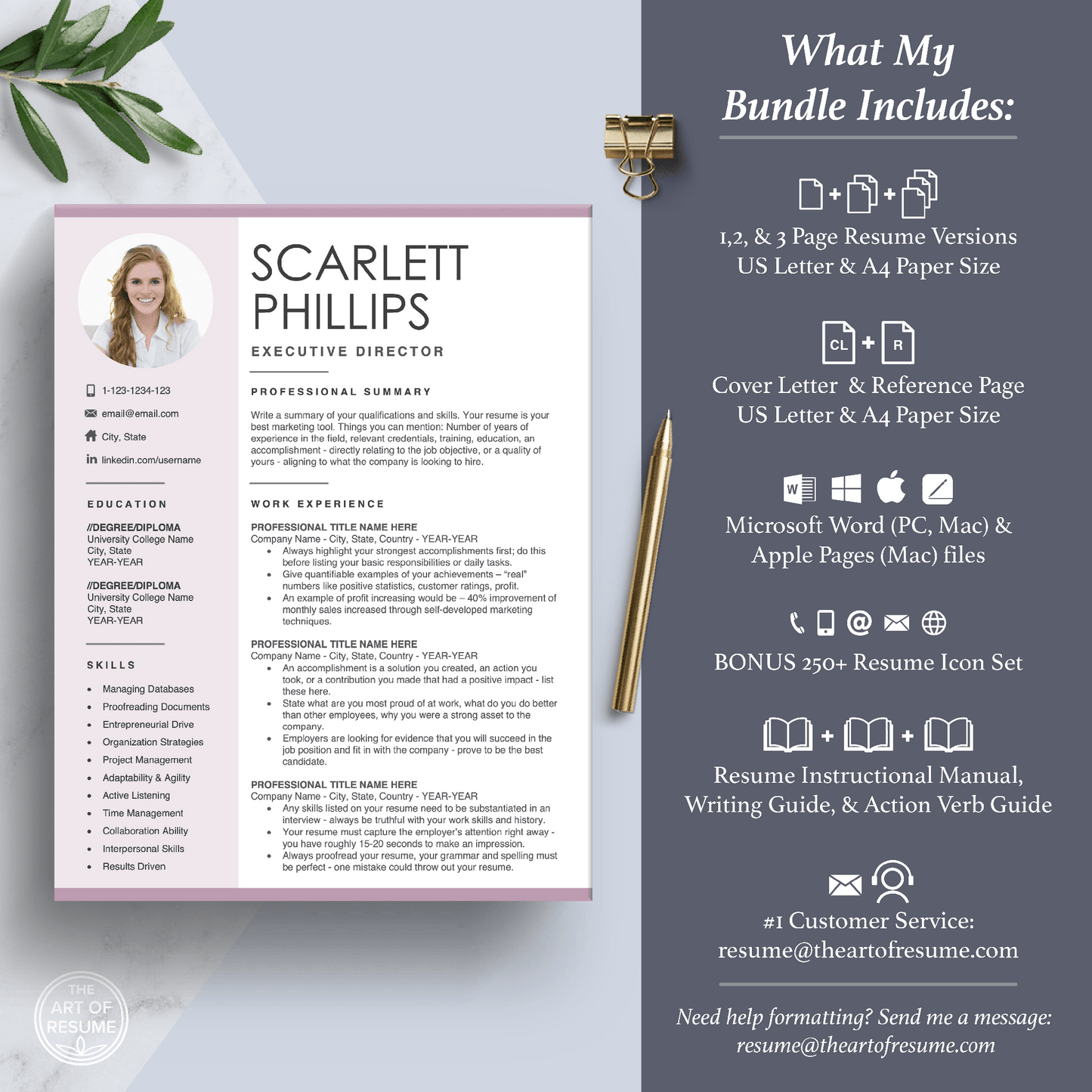 The Art of Resume Templates | Professional Resume CV Template Maker 3, Cover Letter, Reference Page, Mac, PC, A4 Paper, US size, Free Guide, The Art of Resume Writing, 250 Bonus Resume Icons