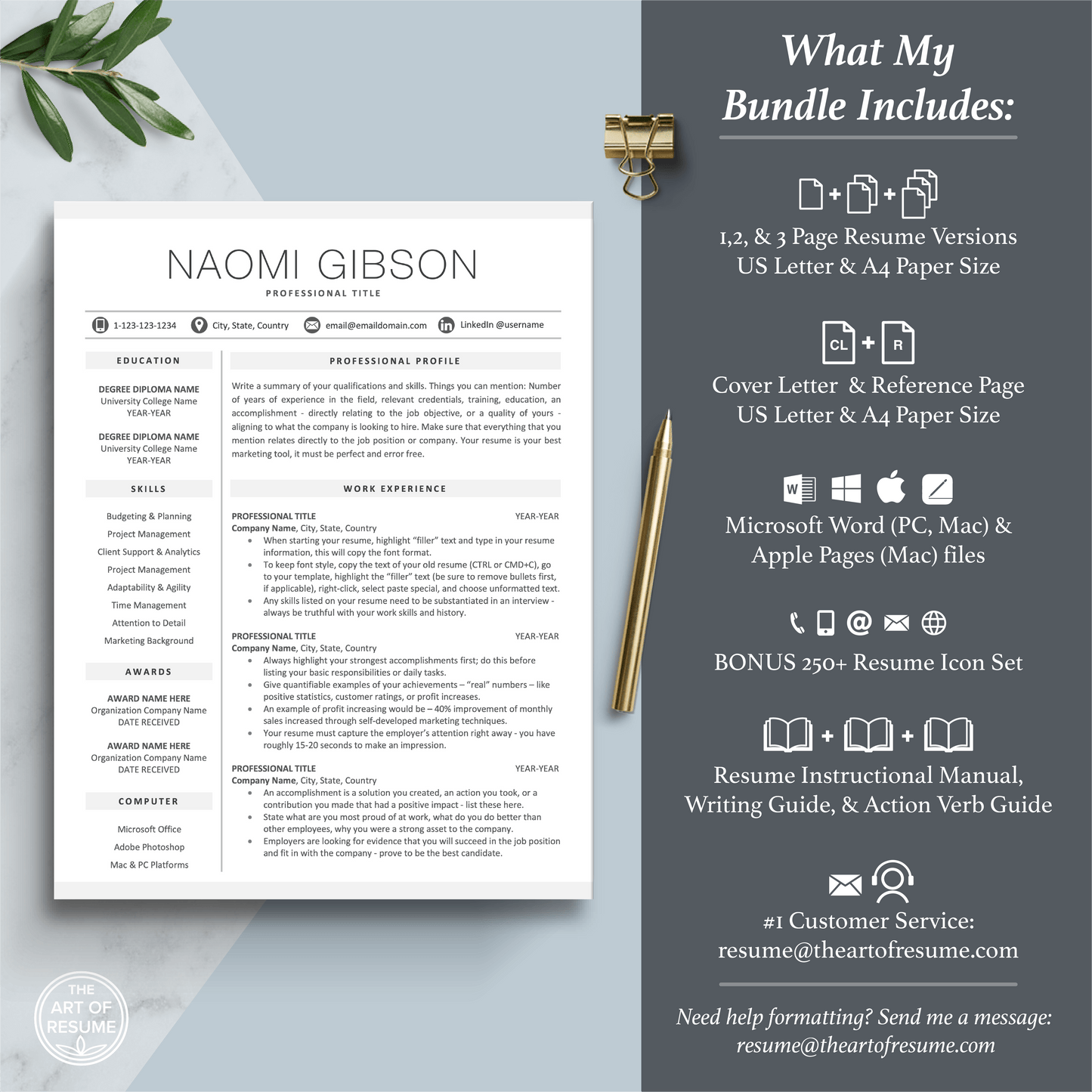 The Art of Resume Templates | Professional Minimalist Simple Resume CV Template Includes 3 Editable Resume Templates, Cover Letter, Reference Page, Mac, PC, A4 Paper, US size, Free Guide, The Art of Resume Writing, 250 Bonus Resume Icons