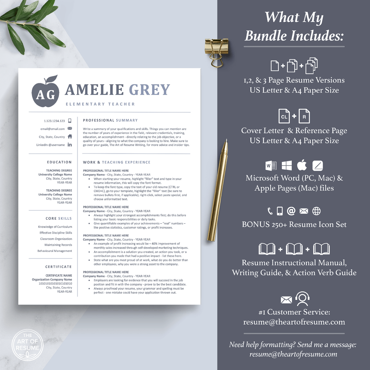 The Art of Resume Templates | Professional Teacher Blue Grey Resume CV Template Includes 3 Editable Resume Templates, Cover Letter, Reference Page, Mac, PC, A4 Paper, US size, Free Guide, The Art of Resume Writing, 250 Bonus Resume Icons