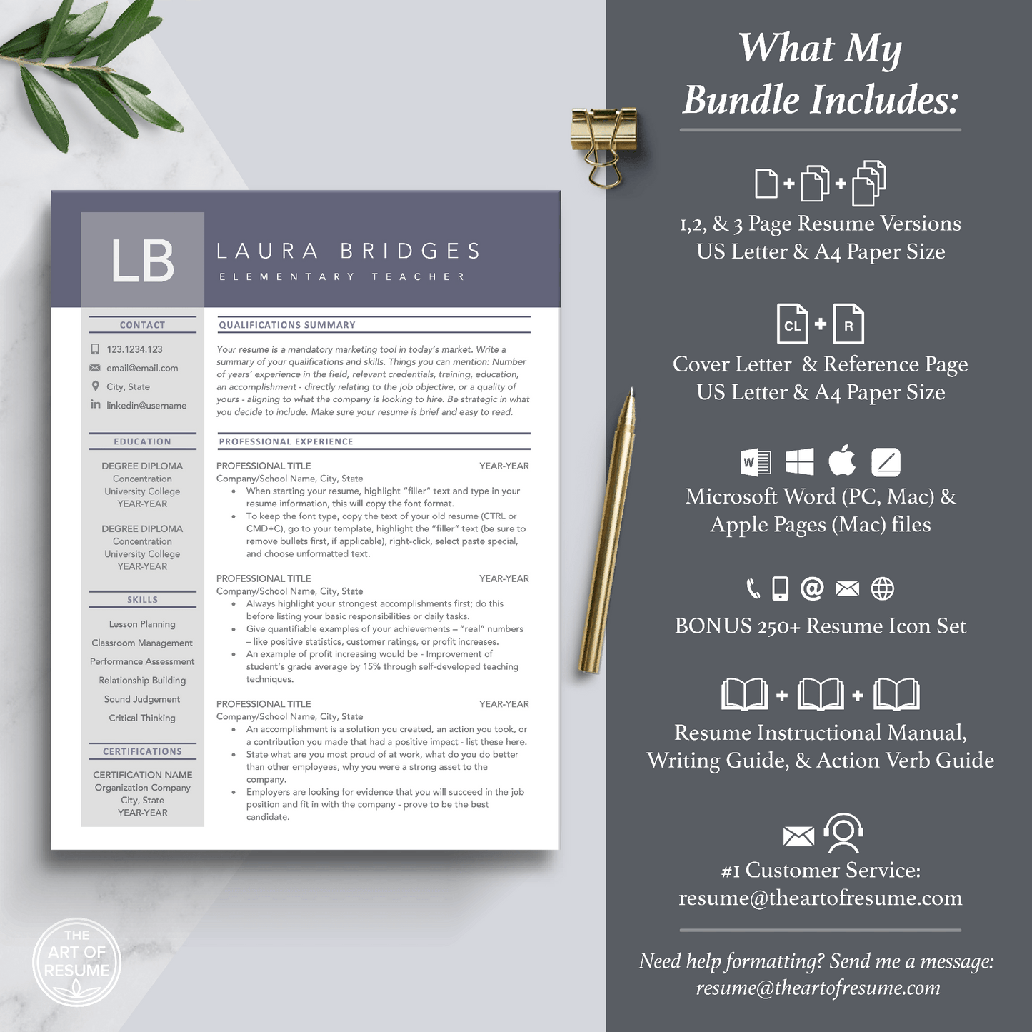 The Art of Resume Templates | Professional Purple CV Template Includes 3 Editable Resume Templates, Cover Letter, Reference Page, Mac, PC, A4 Paper, US size, Free Guide, The Art of Resume Writing, 250 Bonus Resume Icons