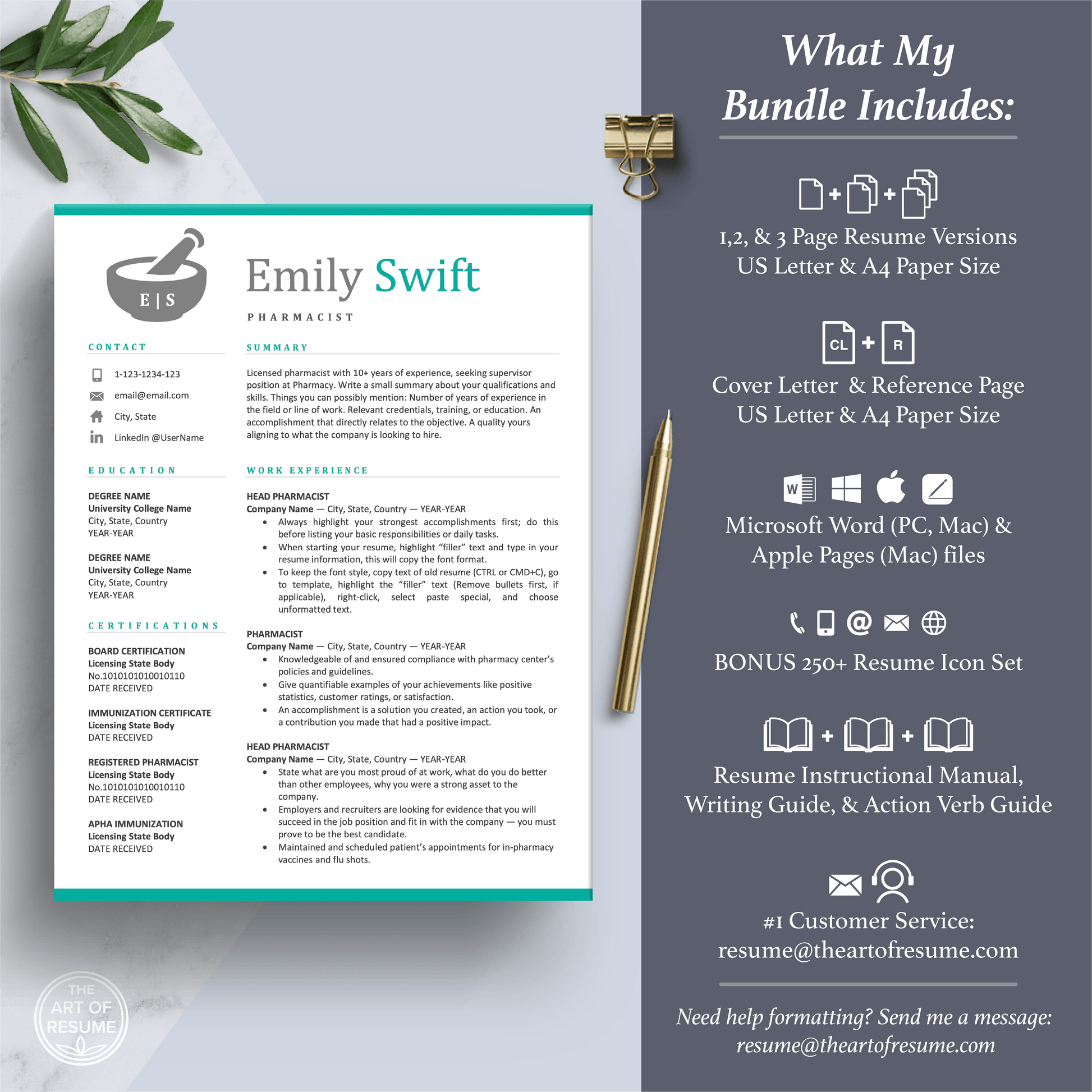 Pharmacist Resume | Pharmacy Template |  Medical Physician CV Cover Letter - The Art of Resume