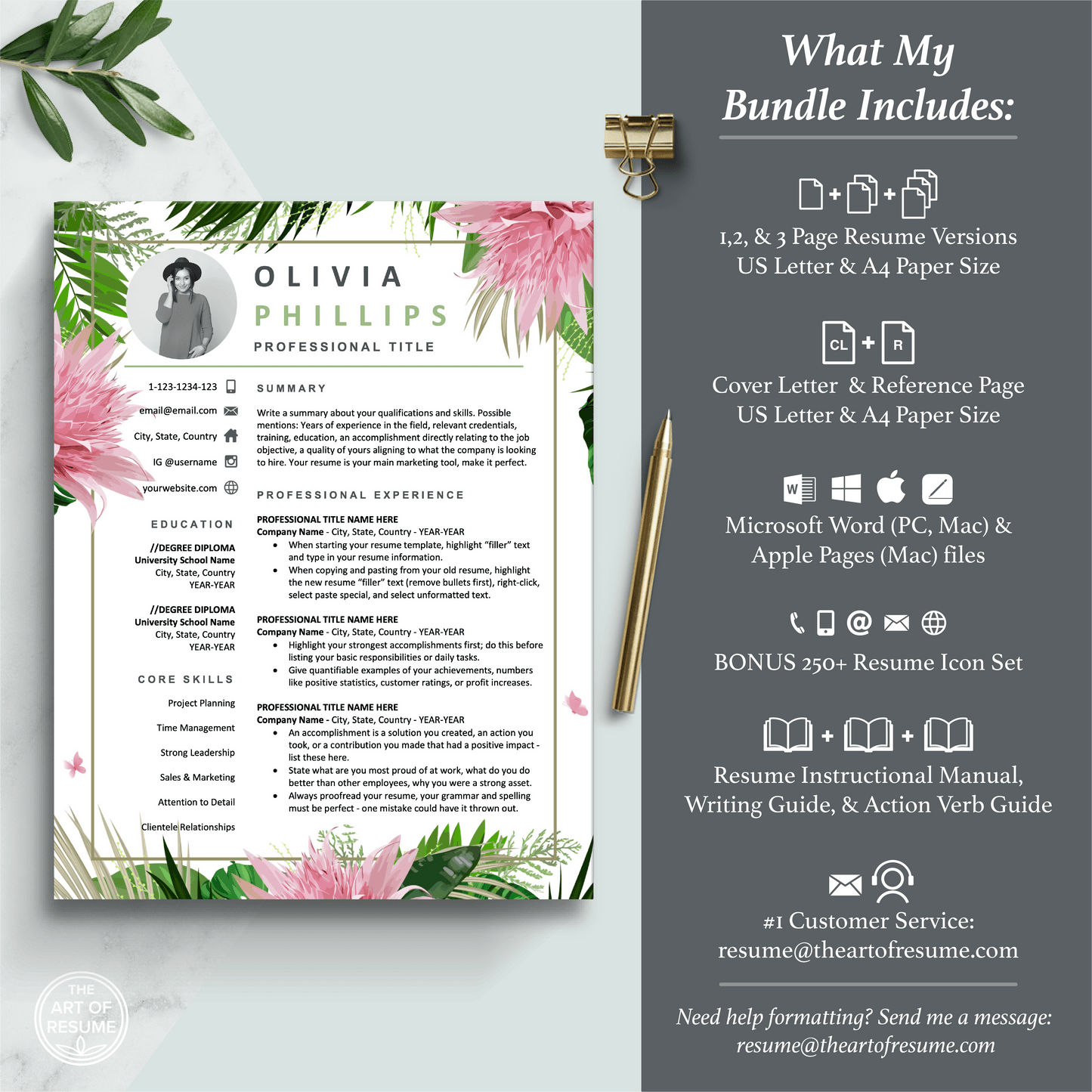 The Art of Resume Templates | Creative Pink Floral Resume CV Template Includes 3 Editable Resume Templates, Cover Letter, Reference Page, Mac, PC, A4 Paper, US size, Free Guide, The Art of Resume Writing, 250 Bonus Resume Icons