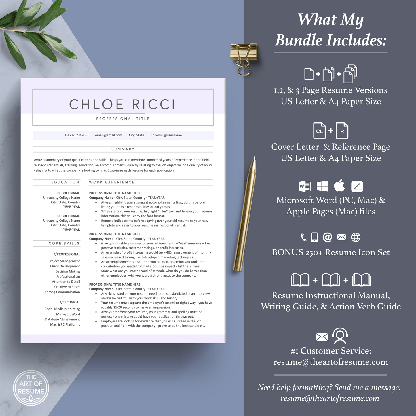The Art of Resume Templates | Professional Simple Pink Blue Resume CV Template Maker 3, Cover Letter, Reference Page, Mac, PC, A4 Paper, US size, Free Guide, The Art of Resume Writing, 250 Bonus Resume Icons