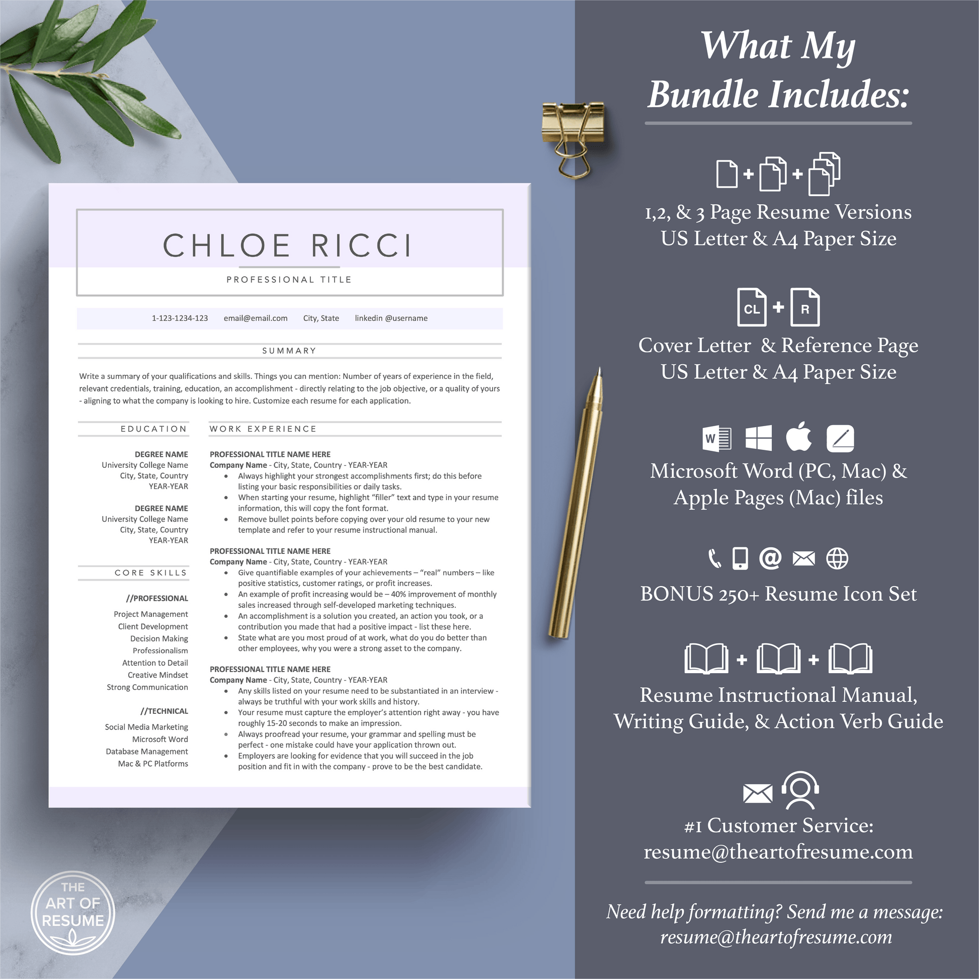 The Art of Resume Templates | Professional Simple Pink Blue Resume CV Template Maker 3, Cover Letter, Reference Page, Mac, PC, A4 Paper, US size, Free Guide, The Art of Resume Writing, 250 Bonus Resume Icons