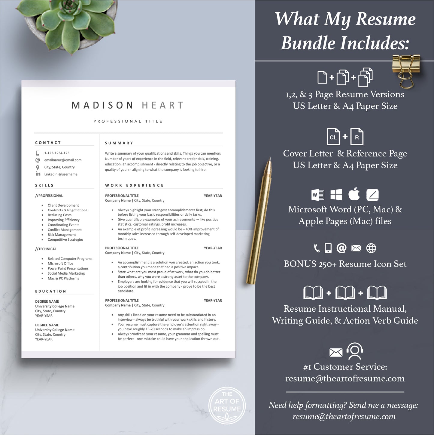 The Art of Resume Templates | Professional Modern Resume CV Template Maker 3, Cover Letter, Reference Page, Mac, PC, A4 Paper, US size, Microsoft Word. Apple Pages, Google Docs, Chromebook