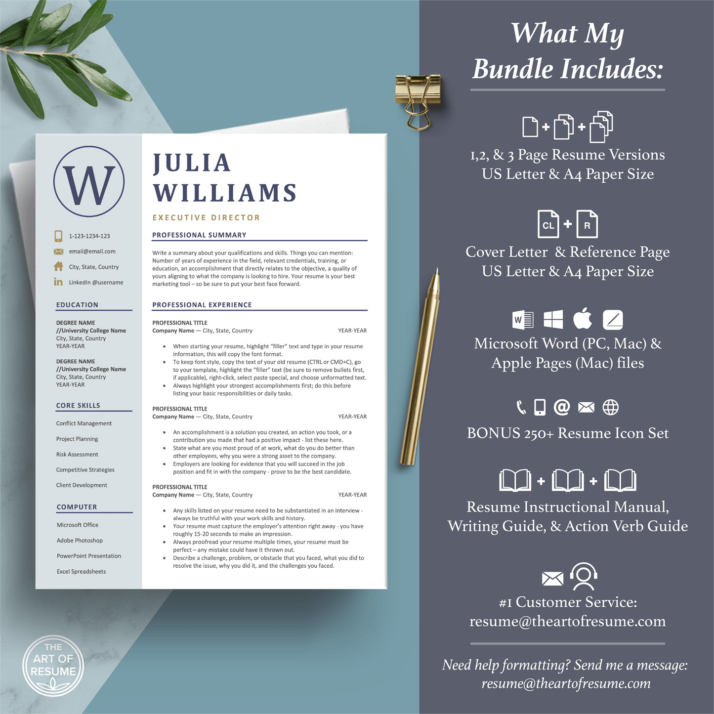 The Art of Resume Templates | Professional Blue Resume CV Template Maker 3, Cover Letter, Reference Page, Mac, PC, A4 Paper, US size, Free Guide, The Art of Resume Writing, 250 Bonus Resume Icons