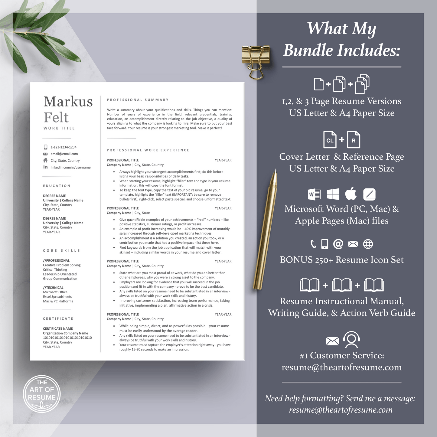 The Art of Resume Templates | Professional Resume CV Template Maker 3, Cover Letter, Reference Page, Mac, PC, A4 Paper, US size, Free Guide, The Art of Resume Writing, 250 Bonus Resume Icons