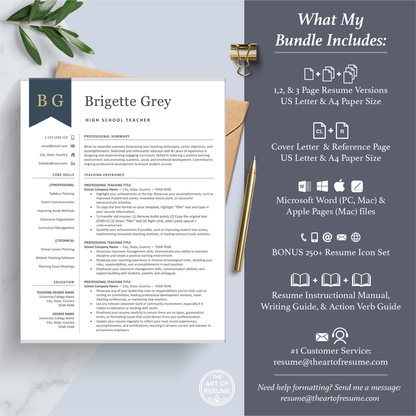 The Art of Resume Professional Navy Blue Teacher Resume Template Bundle | What is included