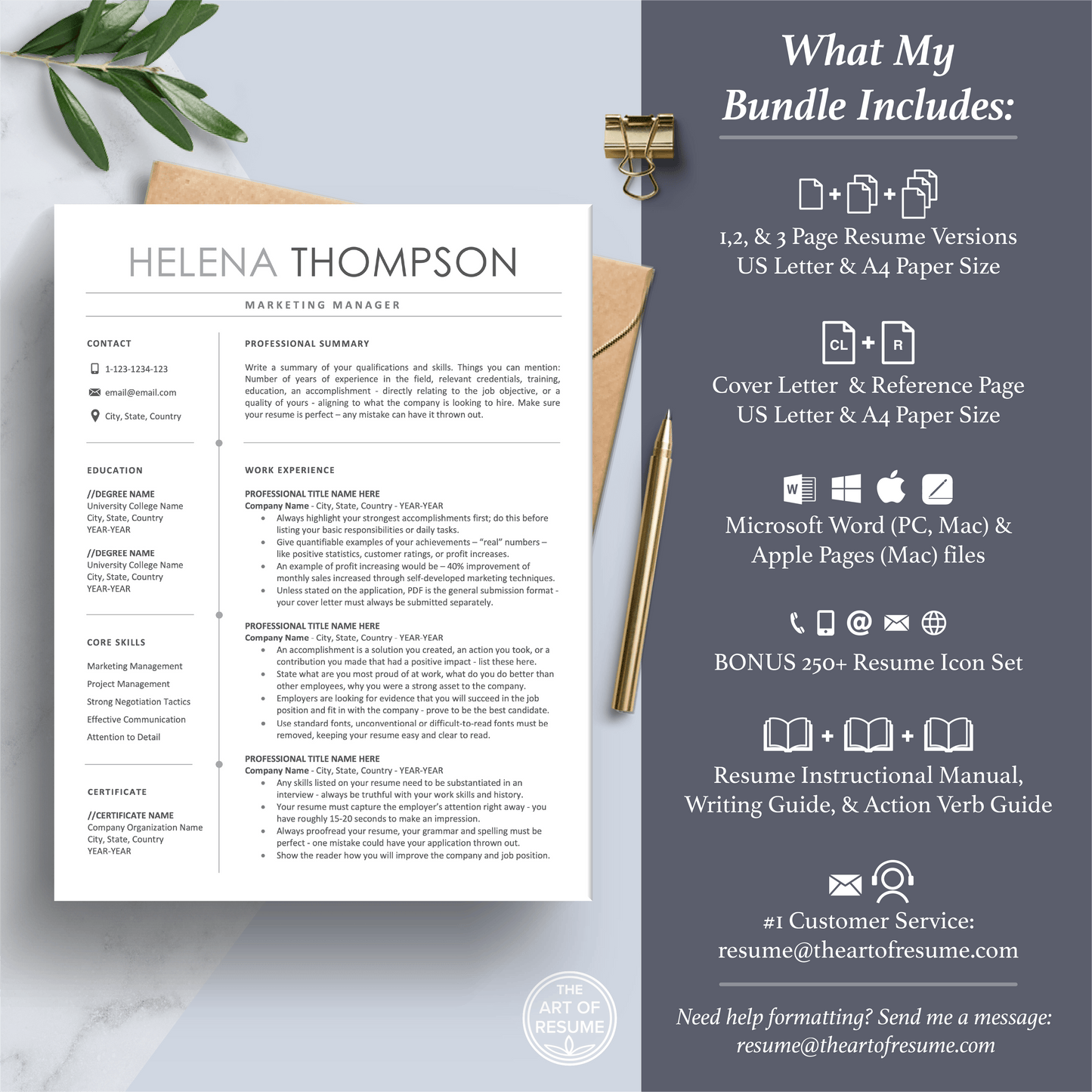 The Art of Resume Templates | Professional Simple Resume CV Template Maker 3, Cover Letter, Reference Page, Mac, PC, A4 Paper, US size, Free Guide, The Art of Resume Writing, 250 Bonus Resume Icons