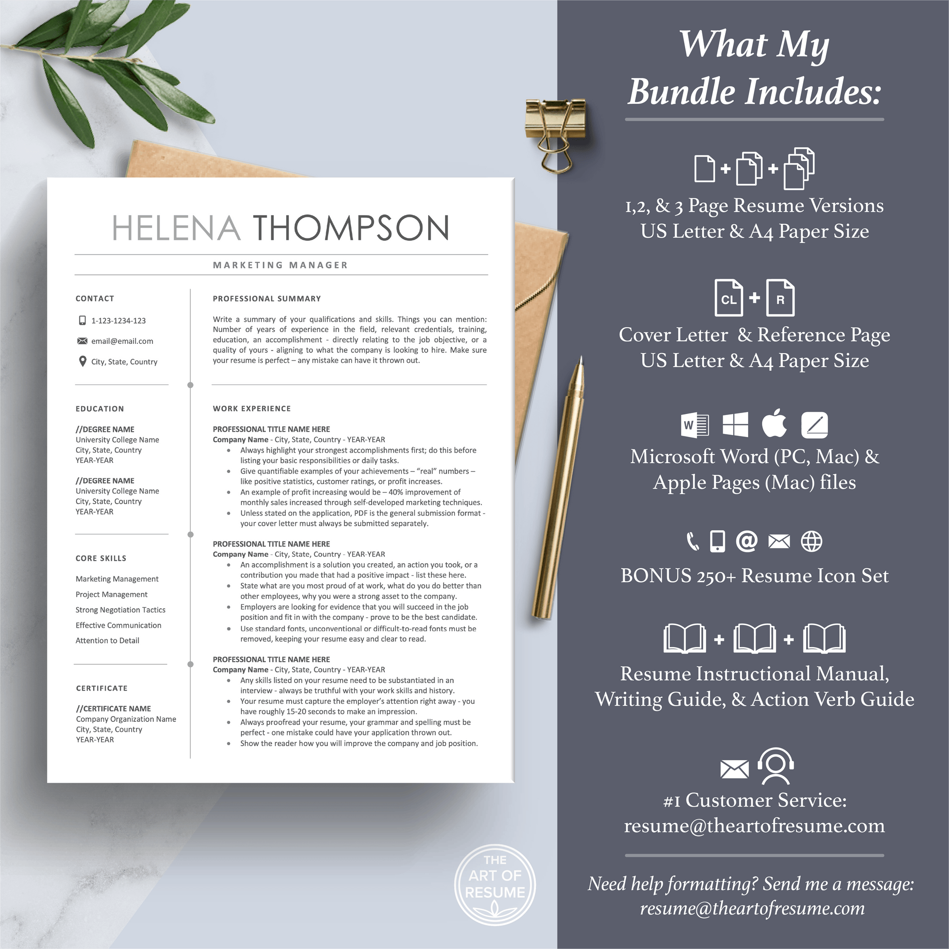 The Art of Resume Templates | Professional Simple Resume CV Template Maker 3, Cover Letter, Reference Page, Mac, PC, A4 Paper, US size, Free Guide, The Art of Resume Writing, 250 Bonus Resume Icons