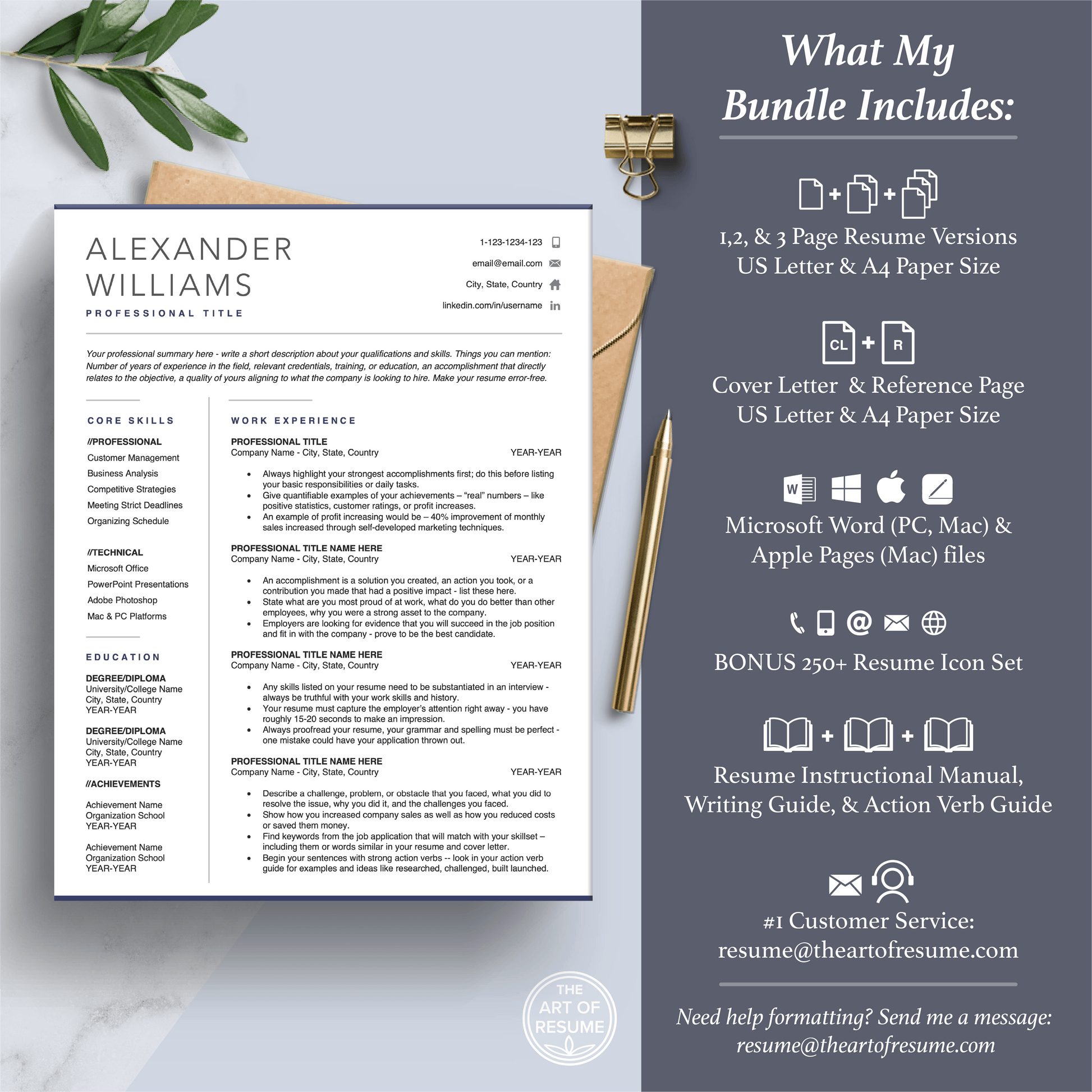 The Art of Resume Templates | Professional Simple Resume CV Template Maker 3, Cover Letter, Reference Page, Mac, PC, A4 Paper, US size, Free Guide, The Art of Resume Writing, 250 Bonus Resume Icons