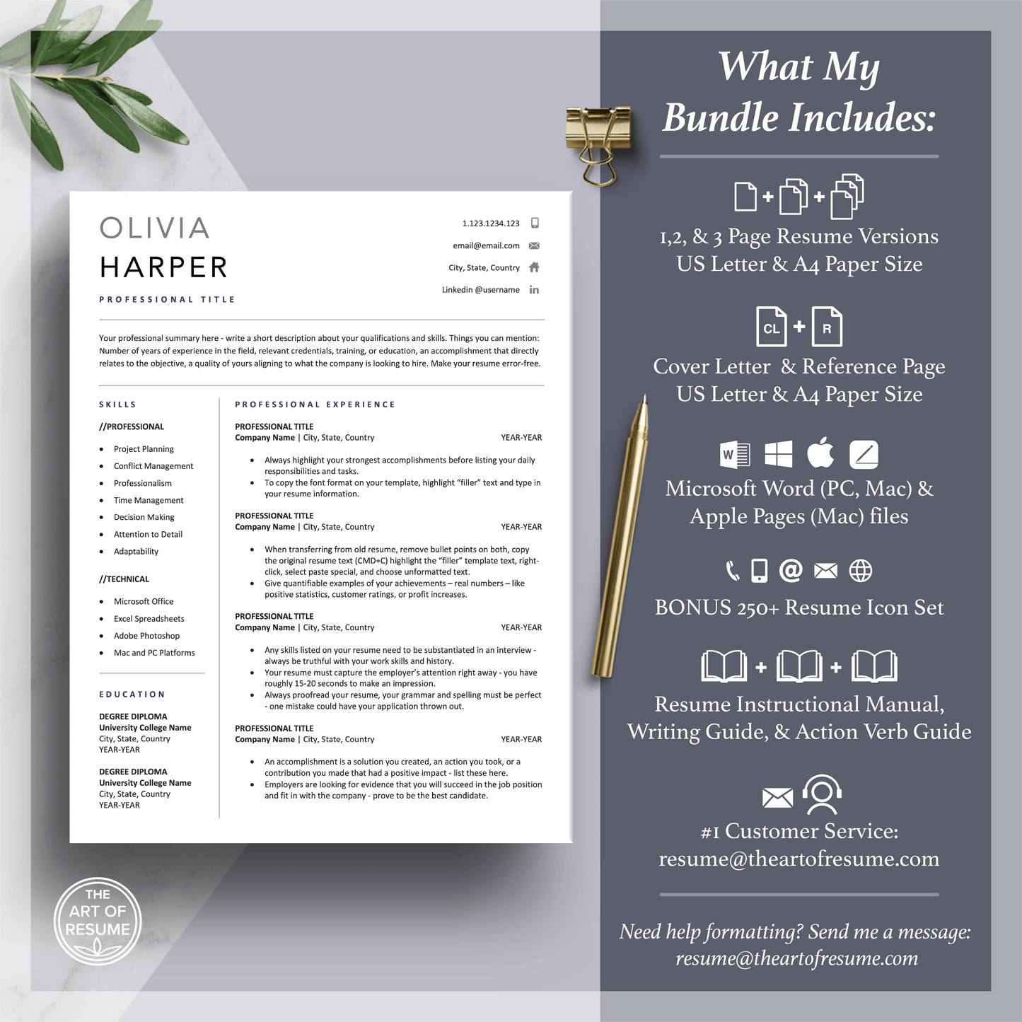 Executive Resume Template | Simple Professional CV Template | Free Cover Letter - The Art of Resume
