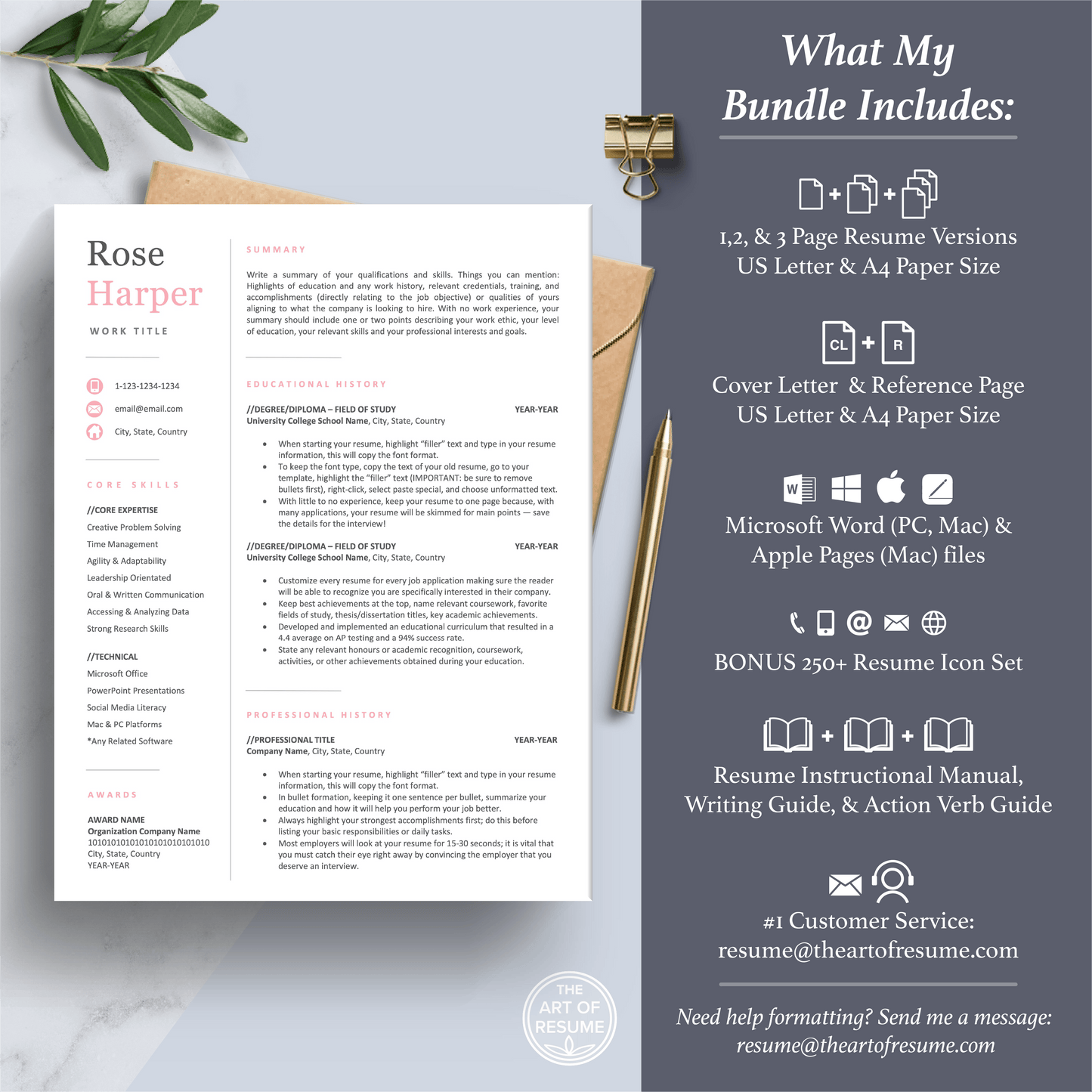 The Art of Resume Templates | Student Graduate Resume CV Template Maker 3, Cover Letter, Reference Page, Mac, PC, A4 Paper, US size, Free Guide, The Art of Resume Writing, 250 Bonus Resume Icons